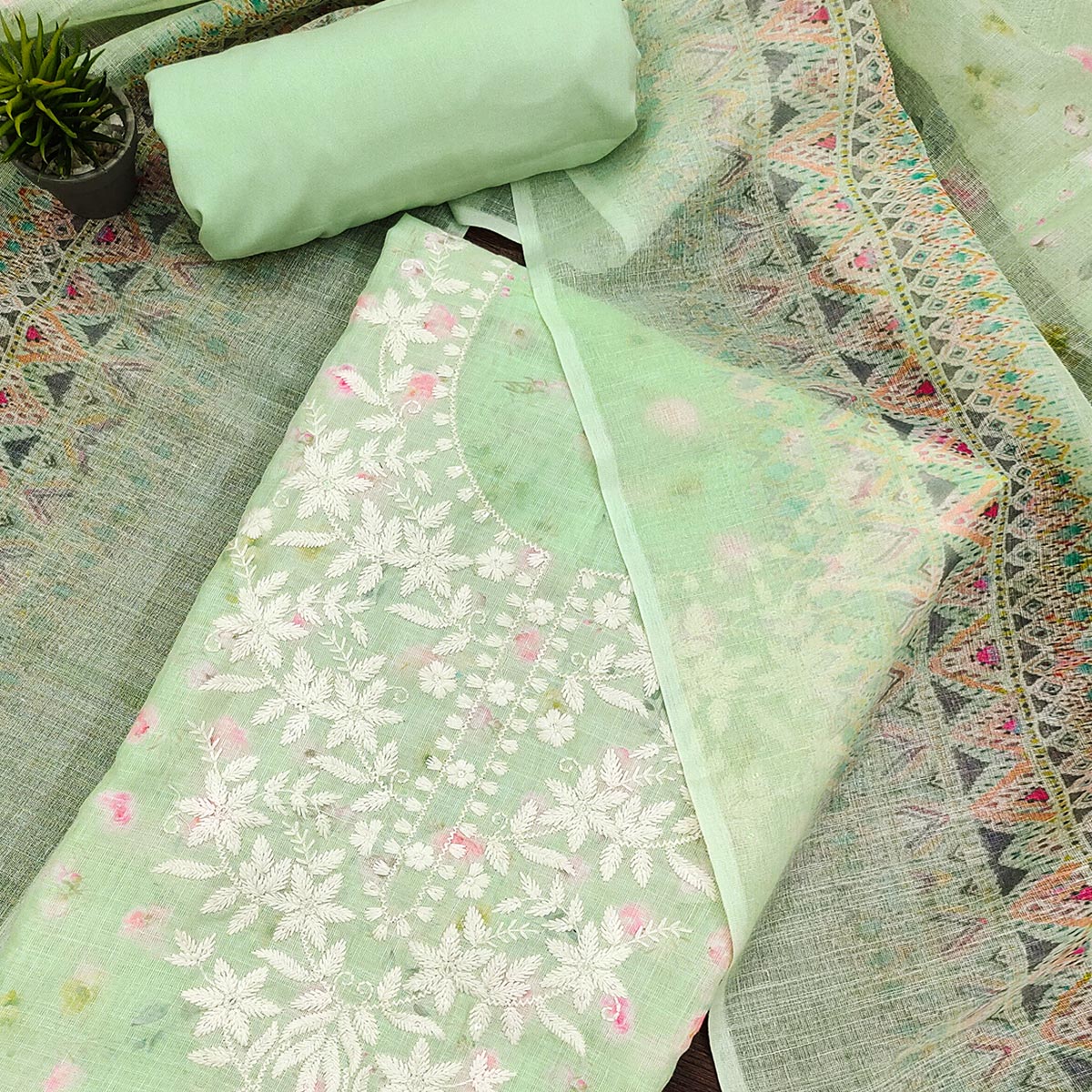 Pista Green Floral Printed Cotton Dress Material