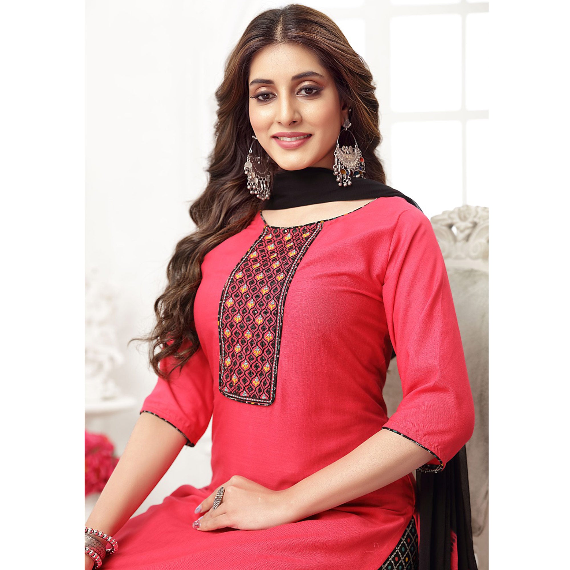 Pink Embroidered Rayon Patiala Suit