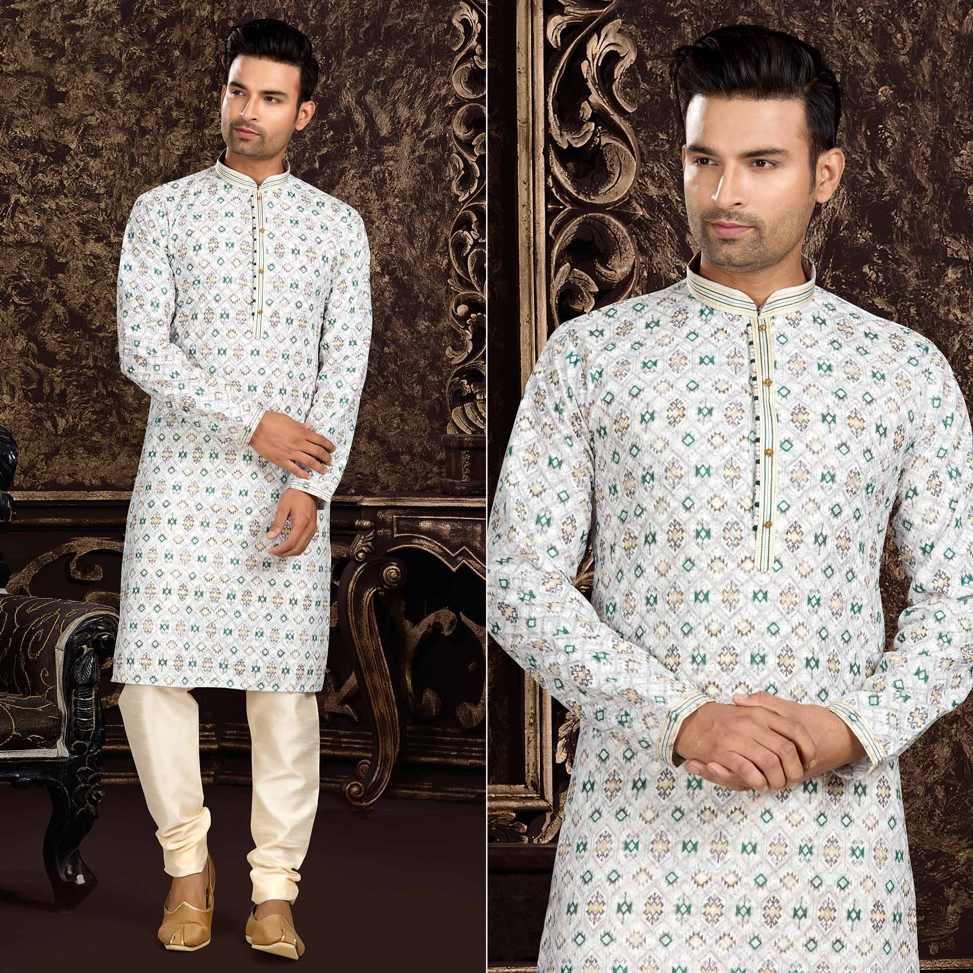 White Lucknowi And Digital Printed Cotton Kurta Pyjama Set