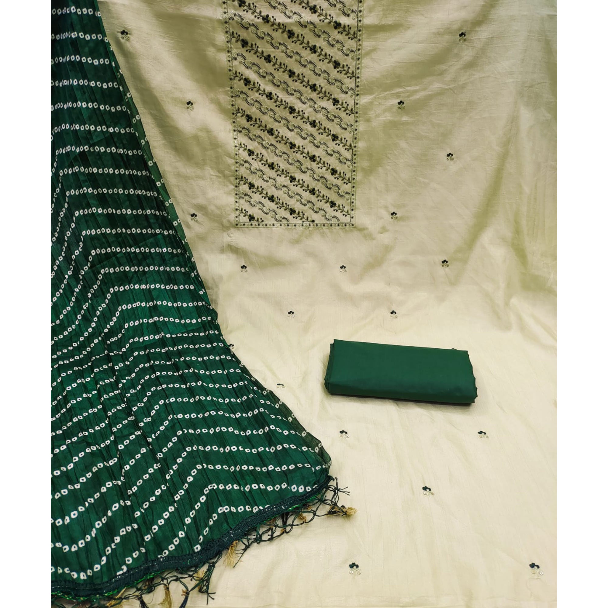 Pista Green Embroidered Raw Silk Dress Material