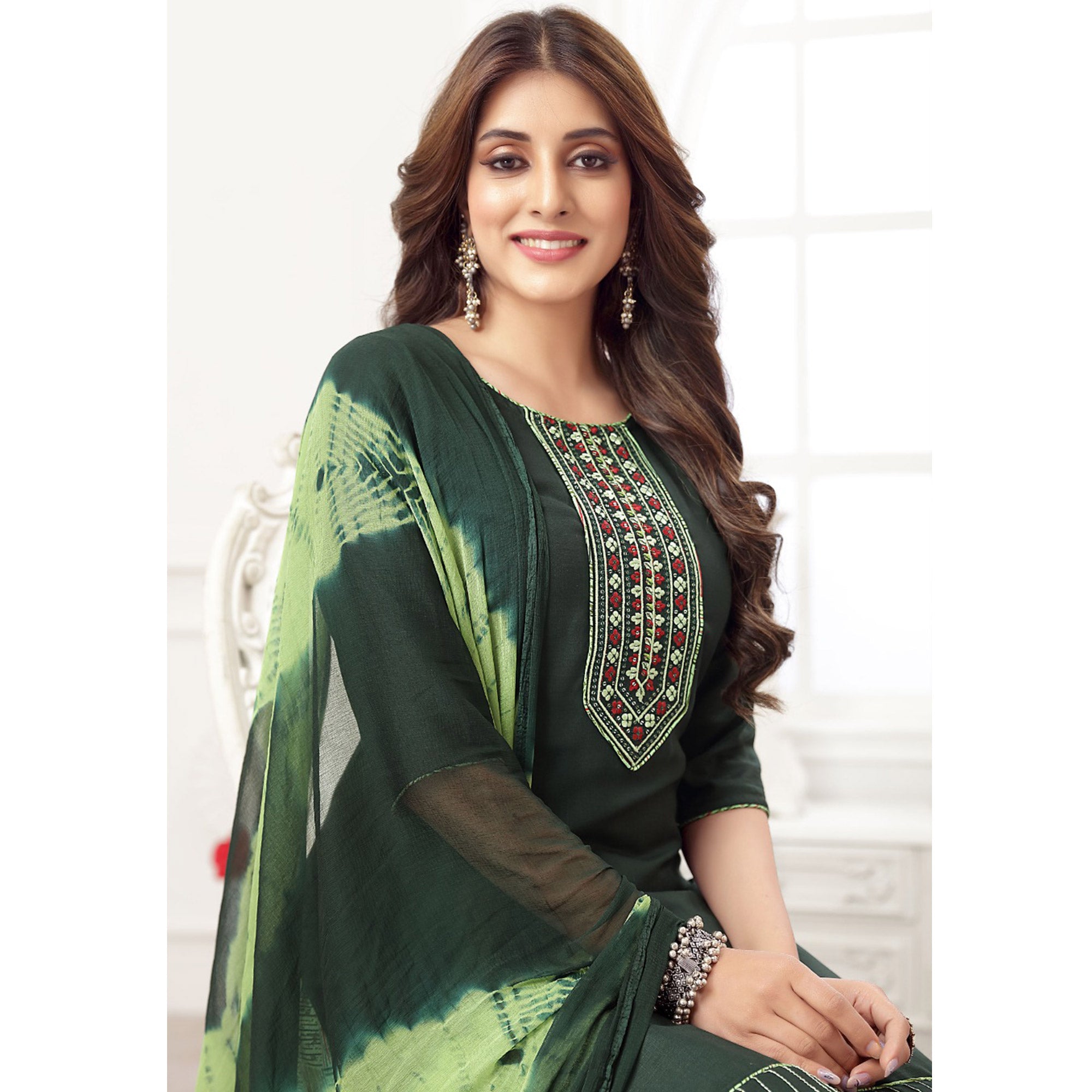 Green Embroidered Rayon Patiala Suit
