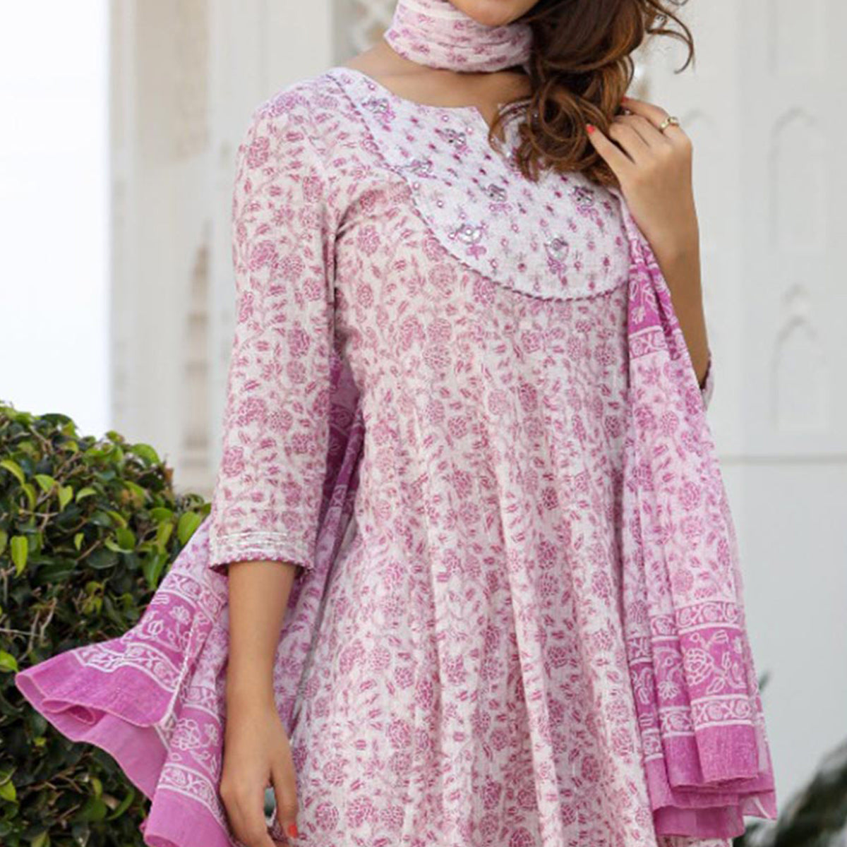 Pink Floral Printed Pure Cotton Anarkali Suit
