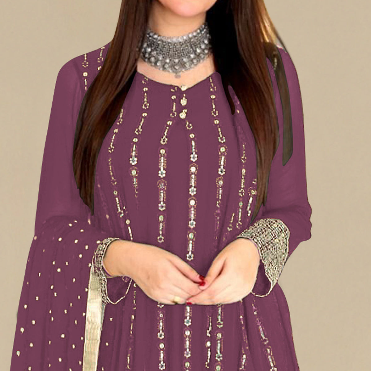 Mauve Sequins Embroidered Georgette Pakistani Suit