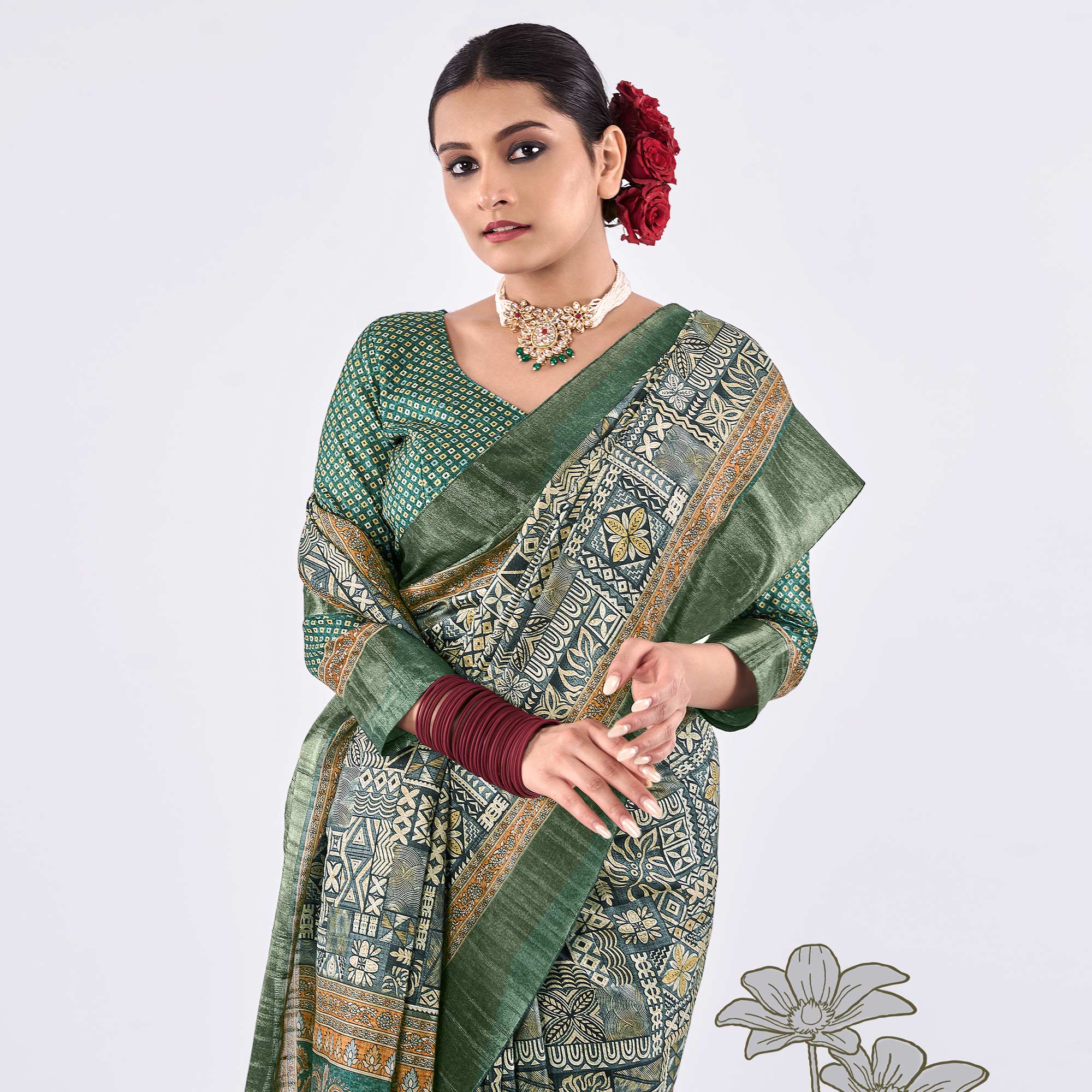Green Printed Art Silk Saree