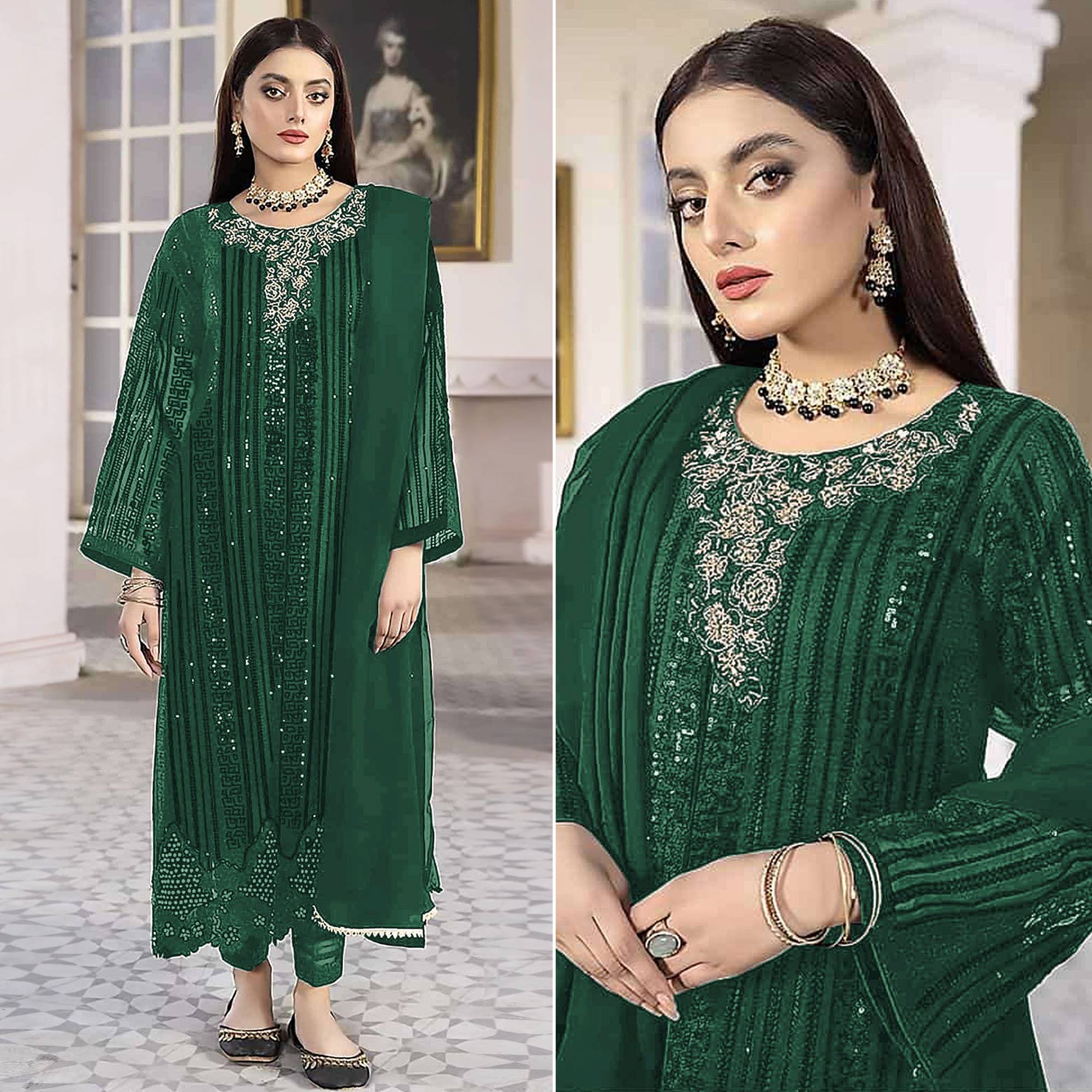 Green Sequins Embroidered Georgette Pakistani Suit