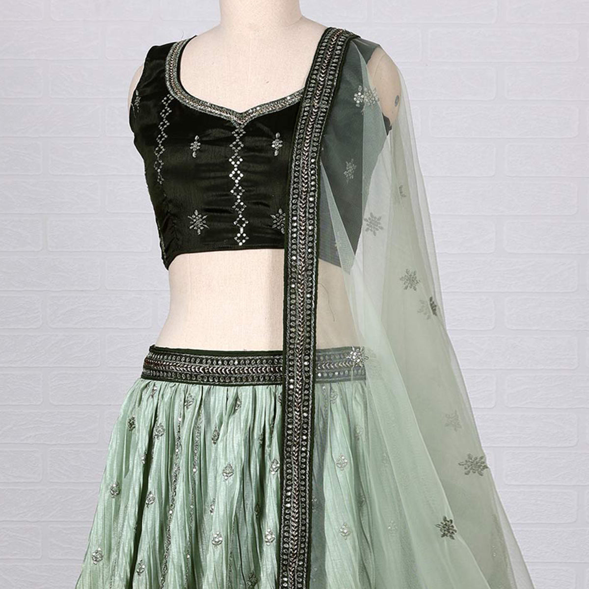 Green Sequins Embroidered Satin Lehenga Choli