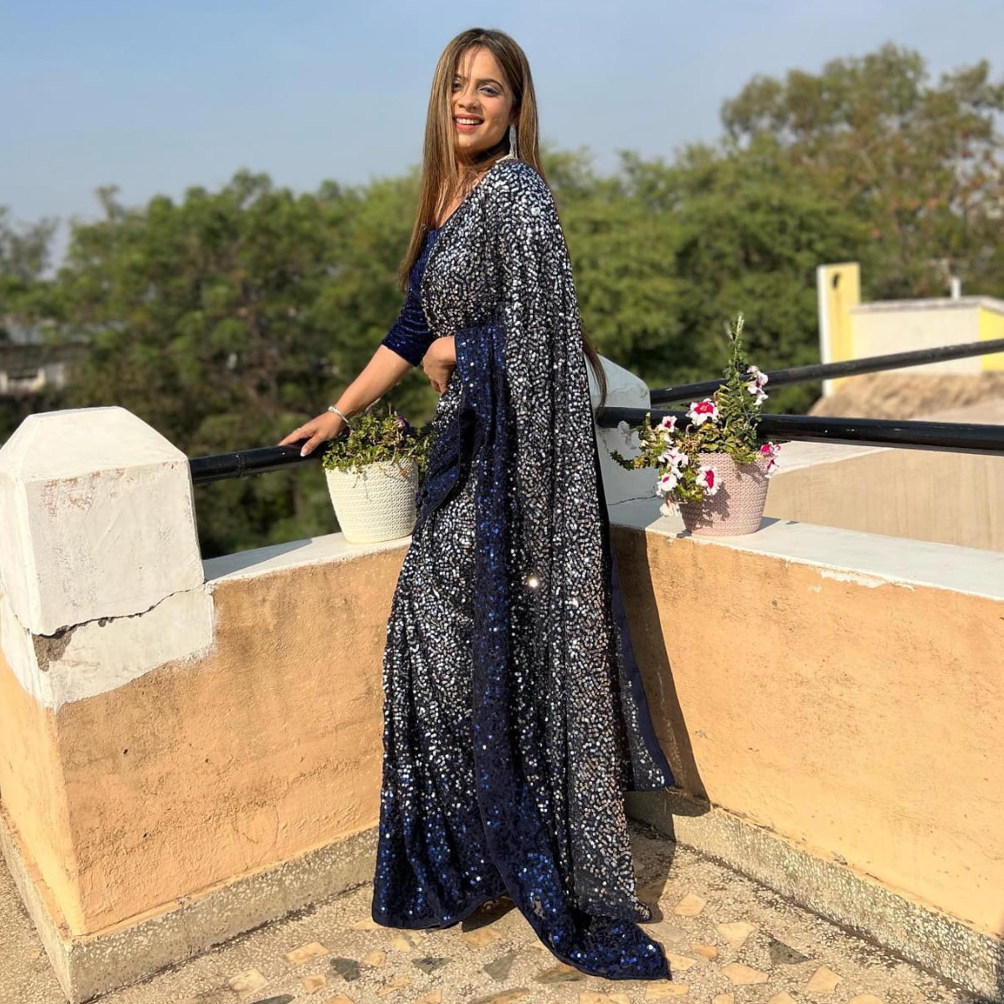 Blue Sequins Embroidered Georgette Saree