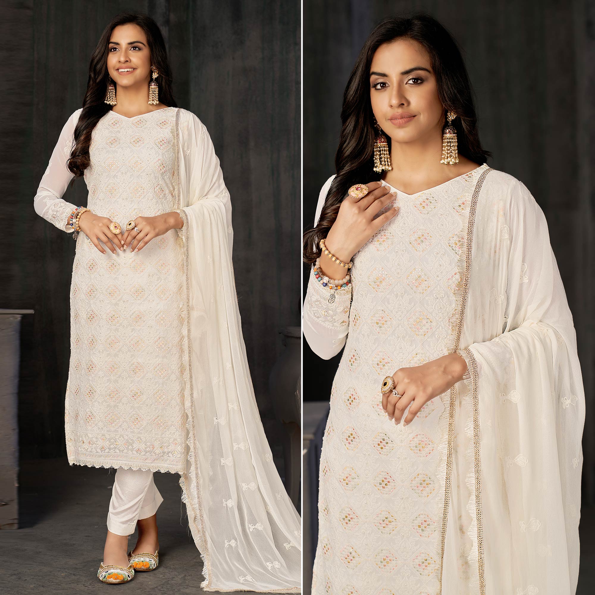 White Lucknowi Embroidered Georgette Suit