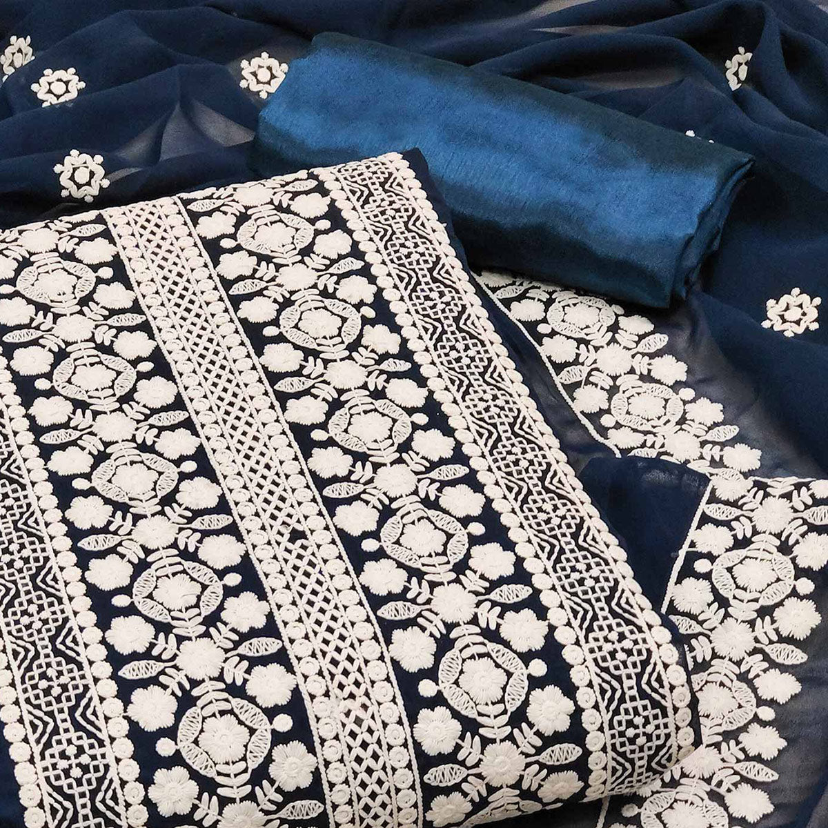 Navy Blue Lucknowi Embroidered Georgette Dress Material