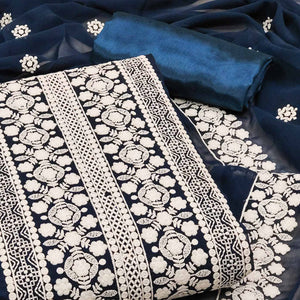 Navy Blue Lucknowi Embroidered Georgette Dress Material