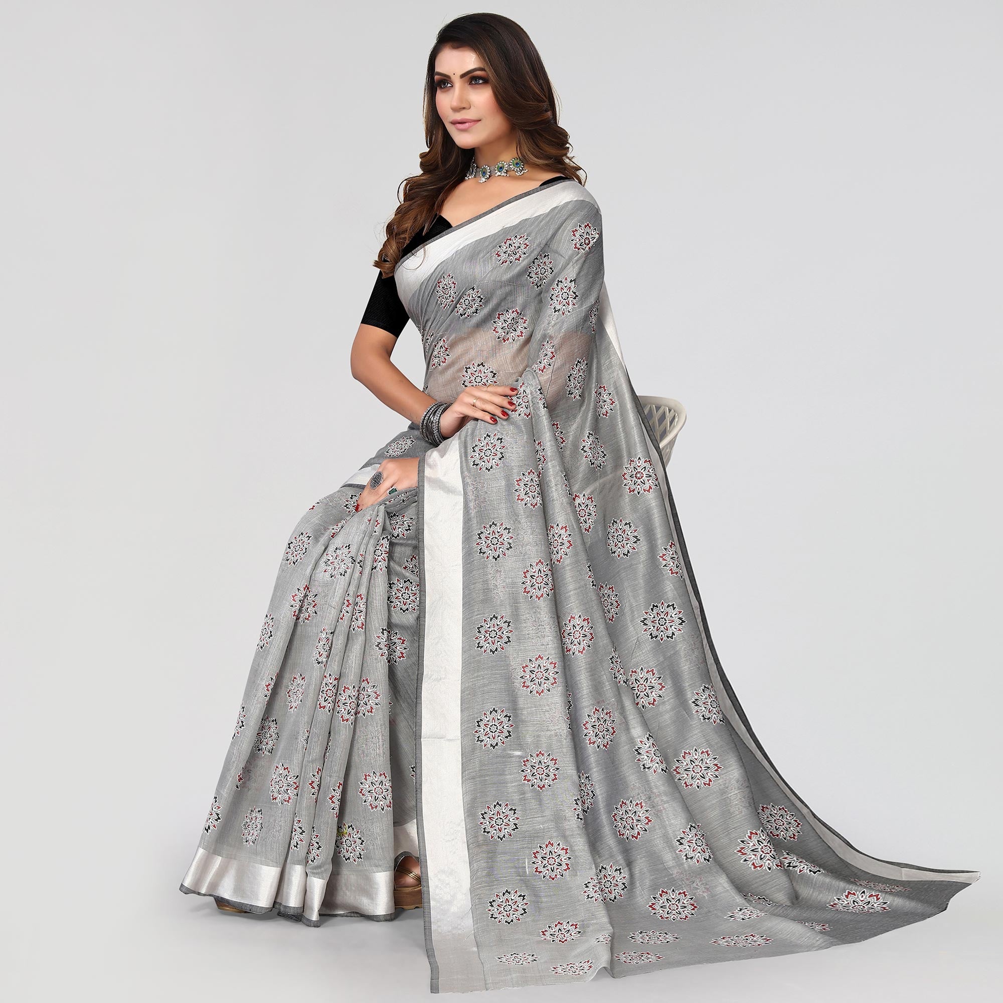 Grey Floral Printed Cotton Blend Saree