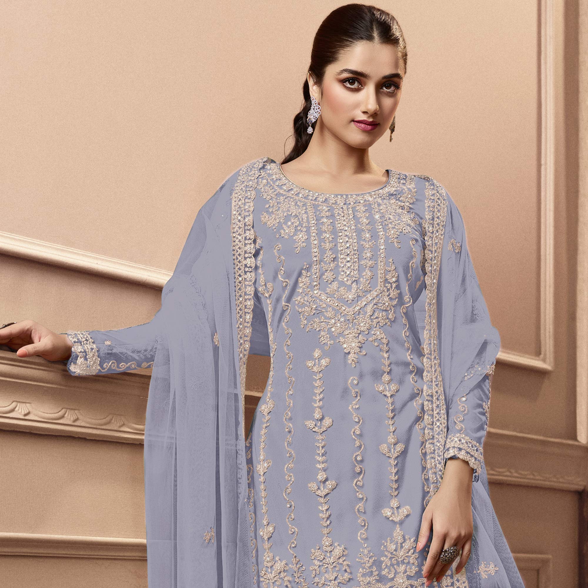 Grey Floral Embroidered Netted Pakistani Suit