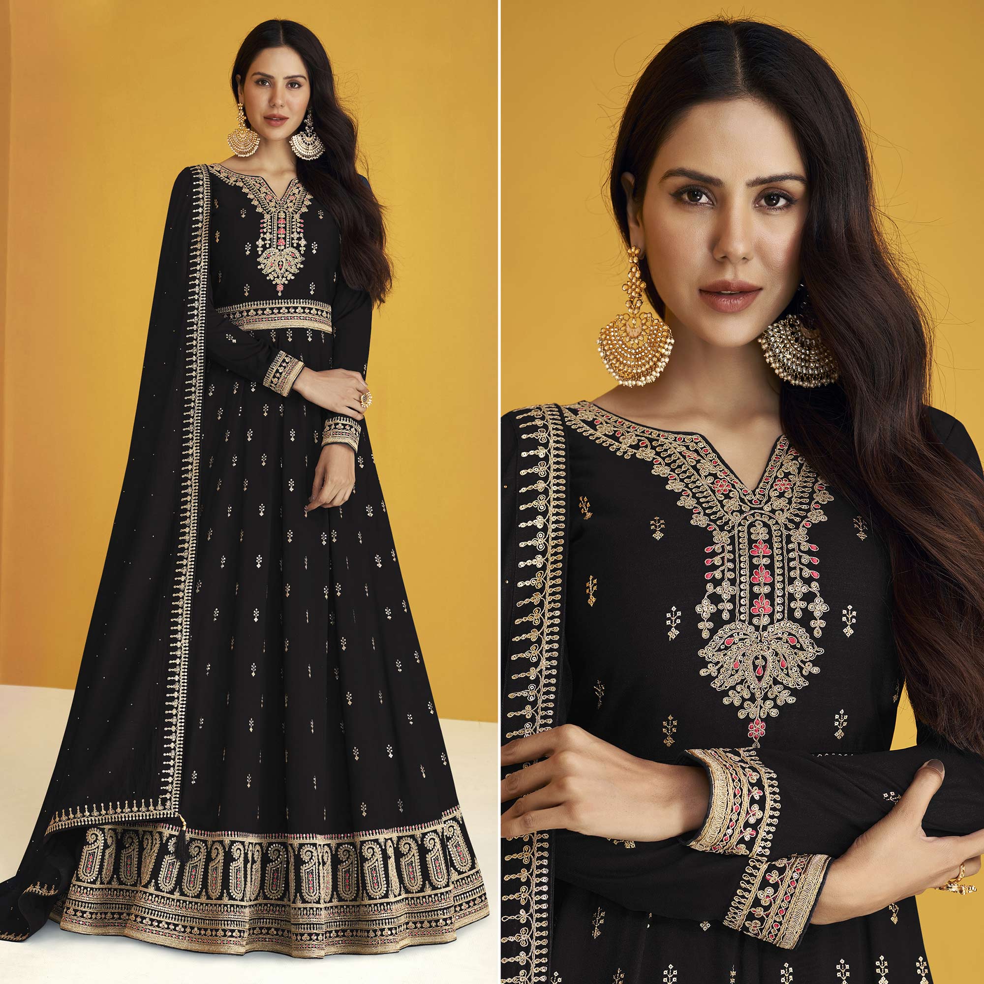 Black Sequins Embroidered Georgette Semi Stitched Anarkali Suit