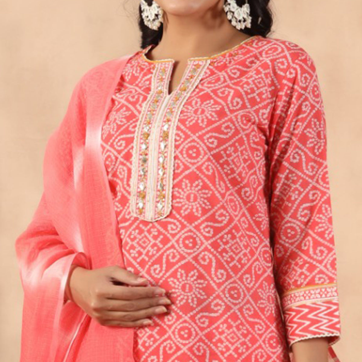 Peach Bandhani Printed Pure Cotton Suit