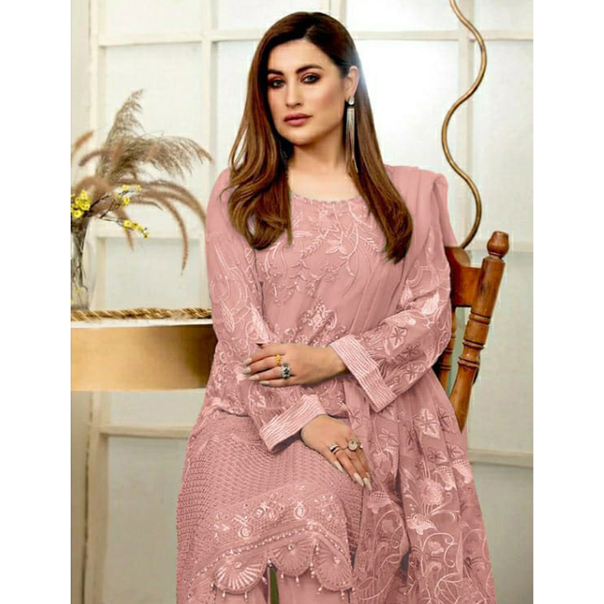 Pink Embroidered Georgette Pakistani Suit