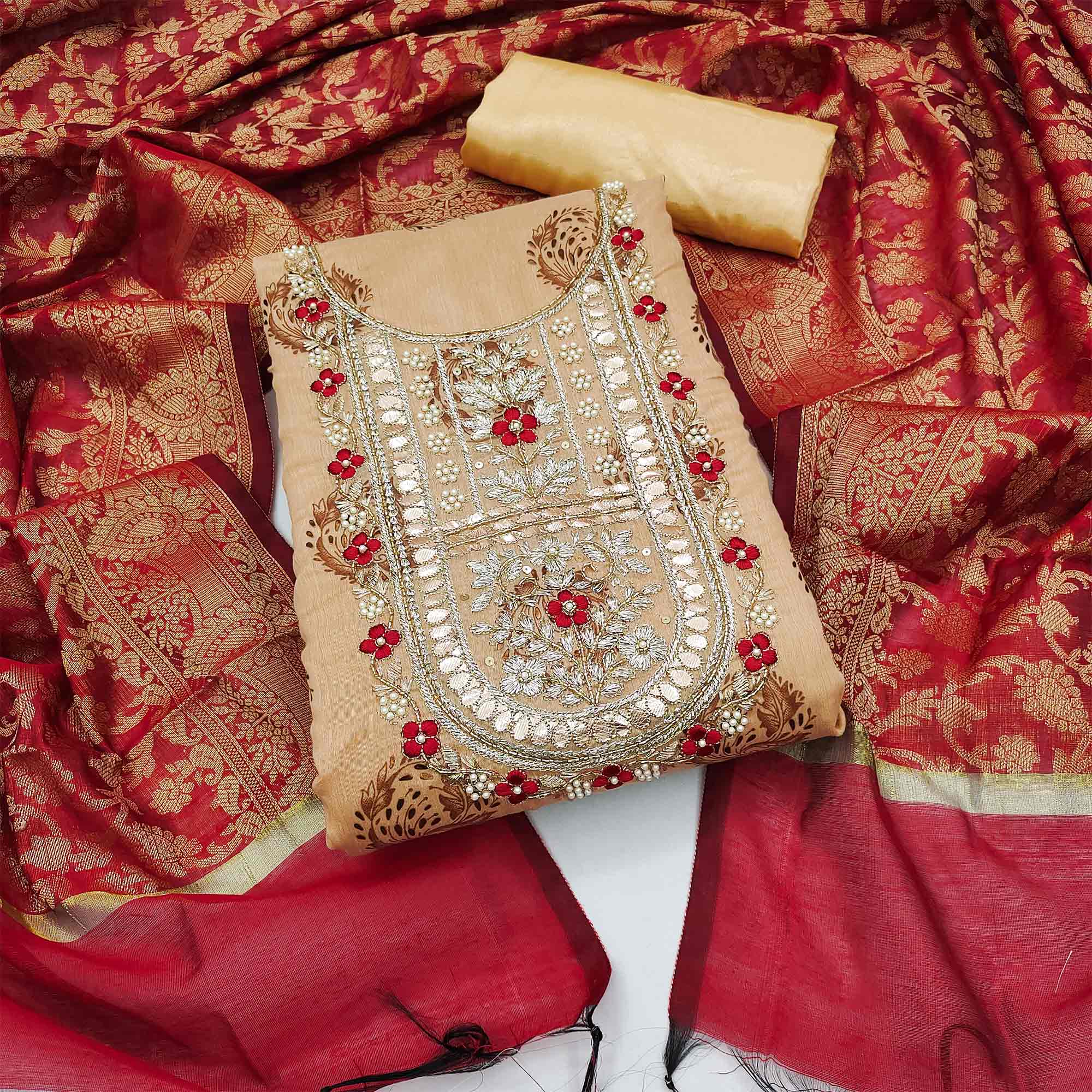 Beige Floral Printed With Handwork Modal Dress Material