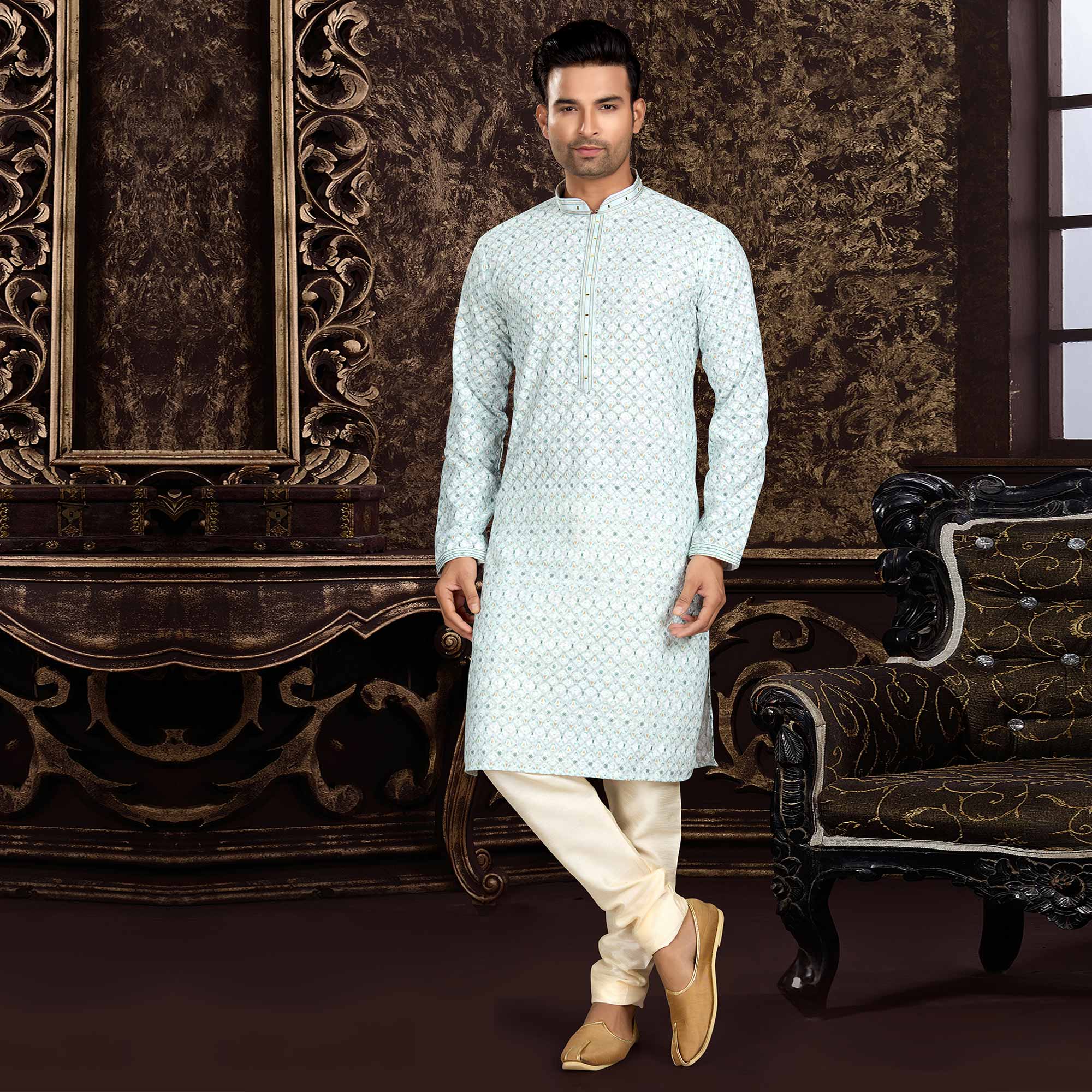 White Lucknowi And Digital Printed Cotton Kurta Pyjama Set