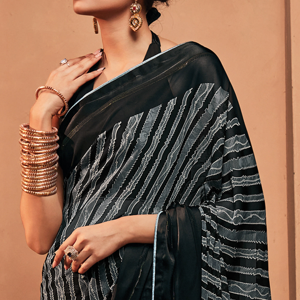 Black Printed Georgette Saree With Tassels