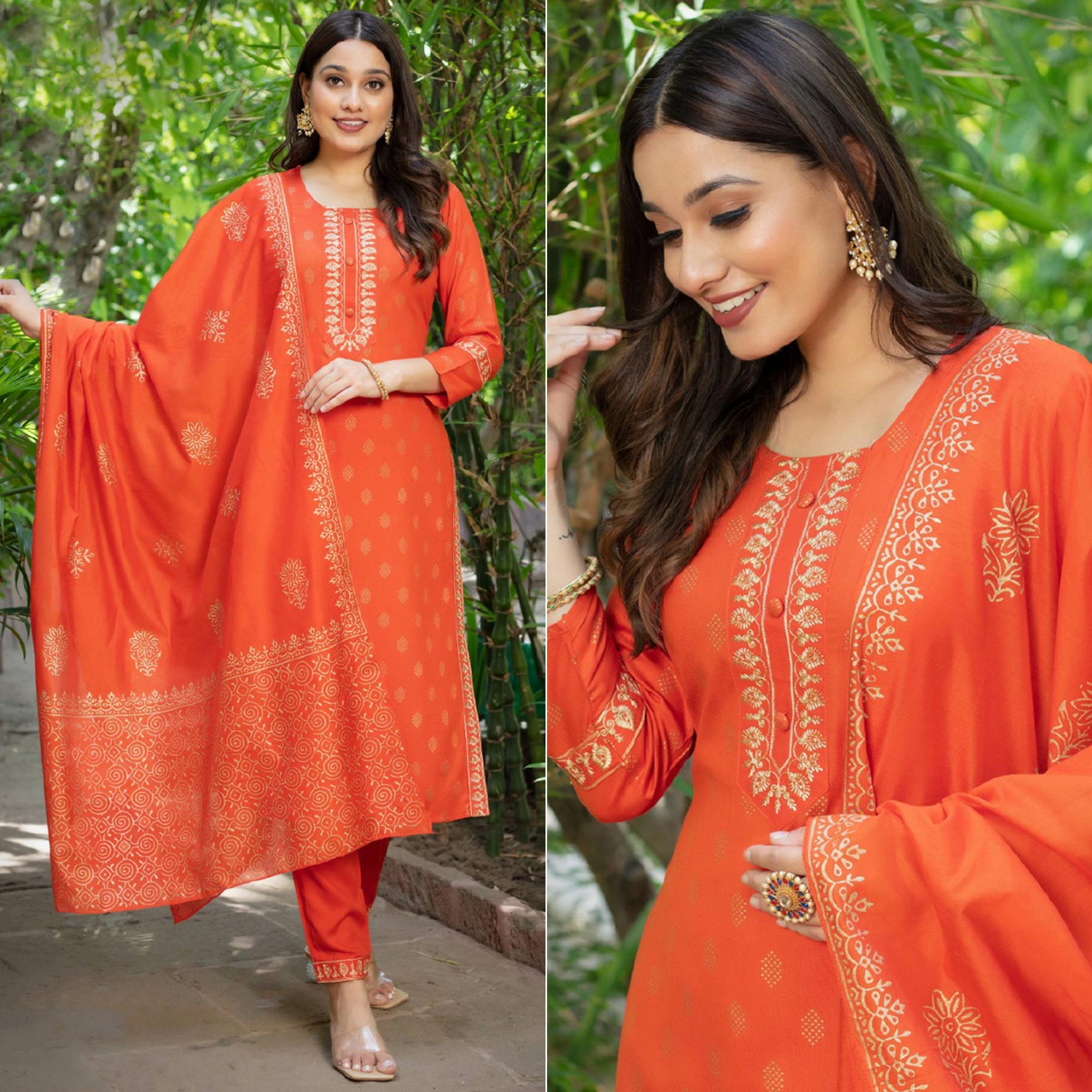 Orange Printed Rayon Salwar Suit