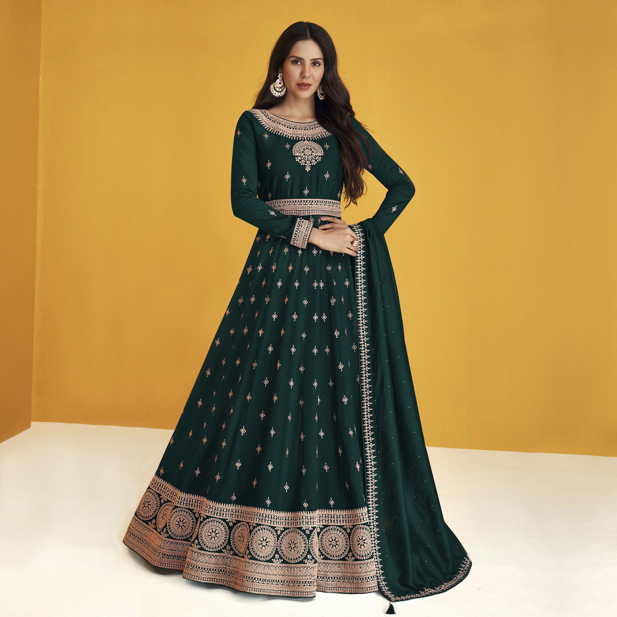 Dark Green Sequins Embroidered Georgette Semi Stitched Anarkali Suit