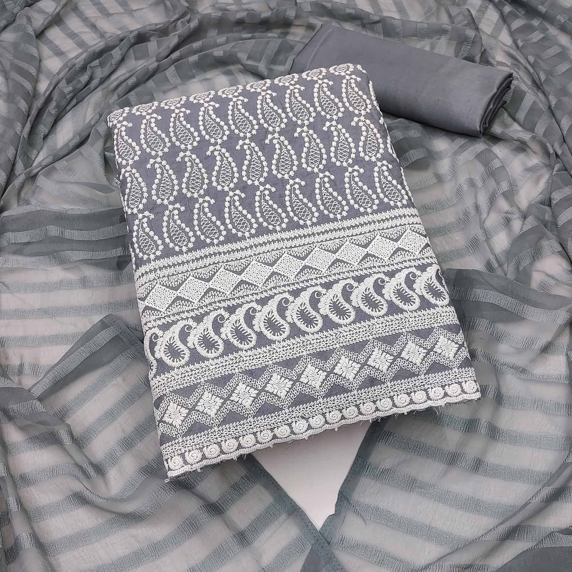 Grey Embroidered Cotton Blend Dress Material