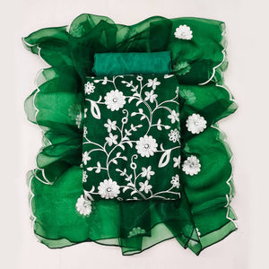 Green Floral Embroidered Organza Dress Material