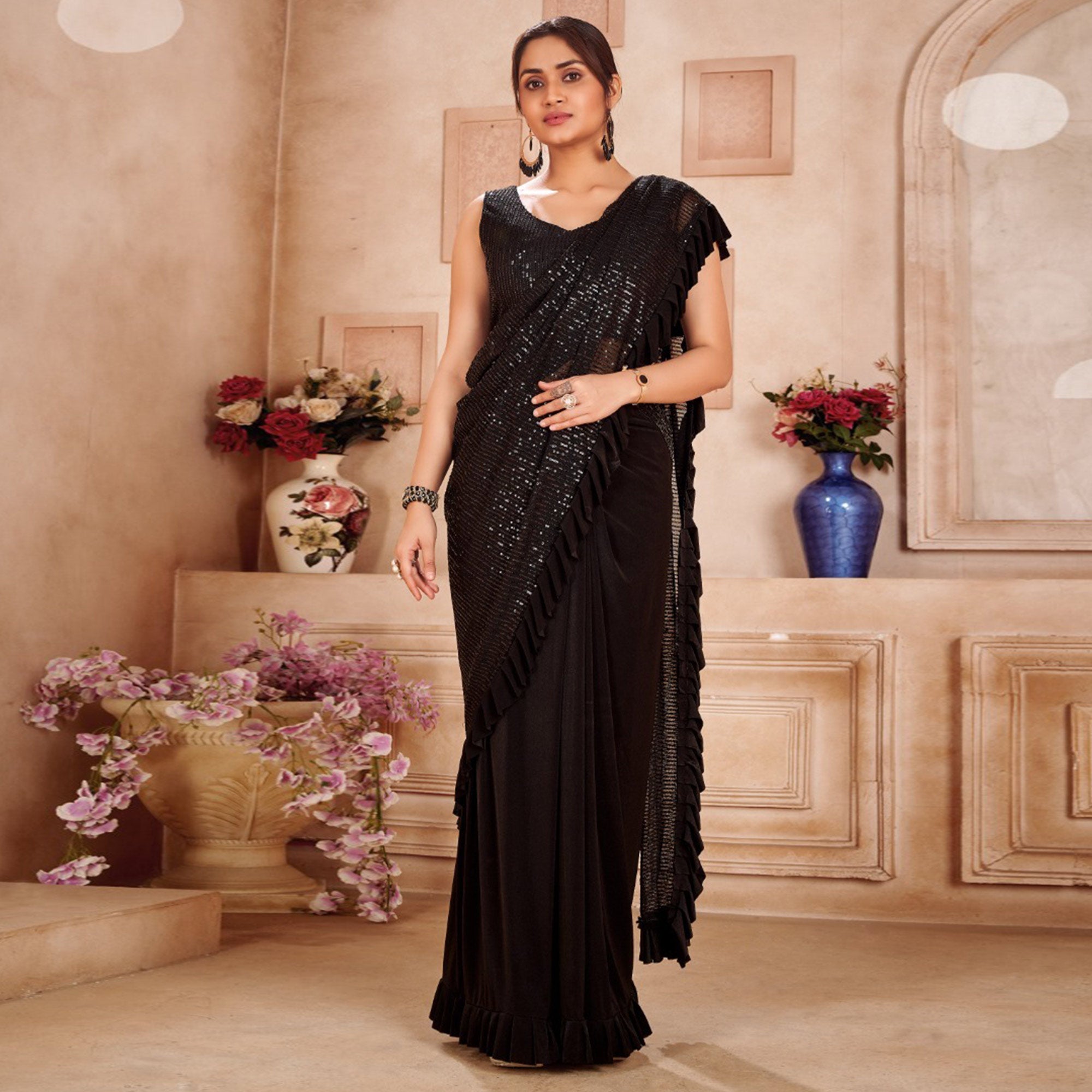 Black Sequins Embroidered Ready to Wear Lycra And Netted Saree