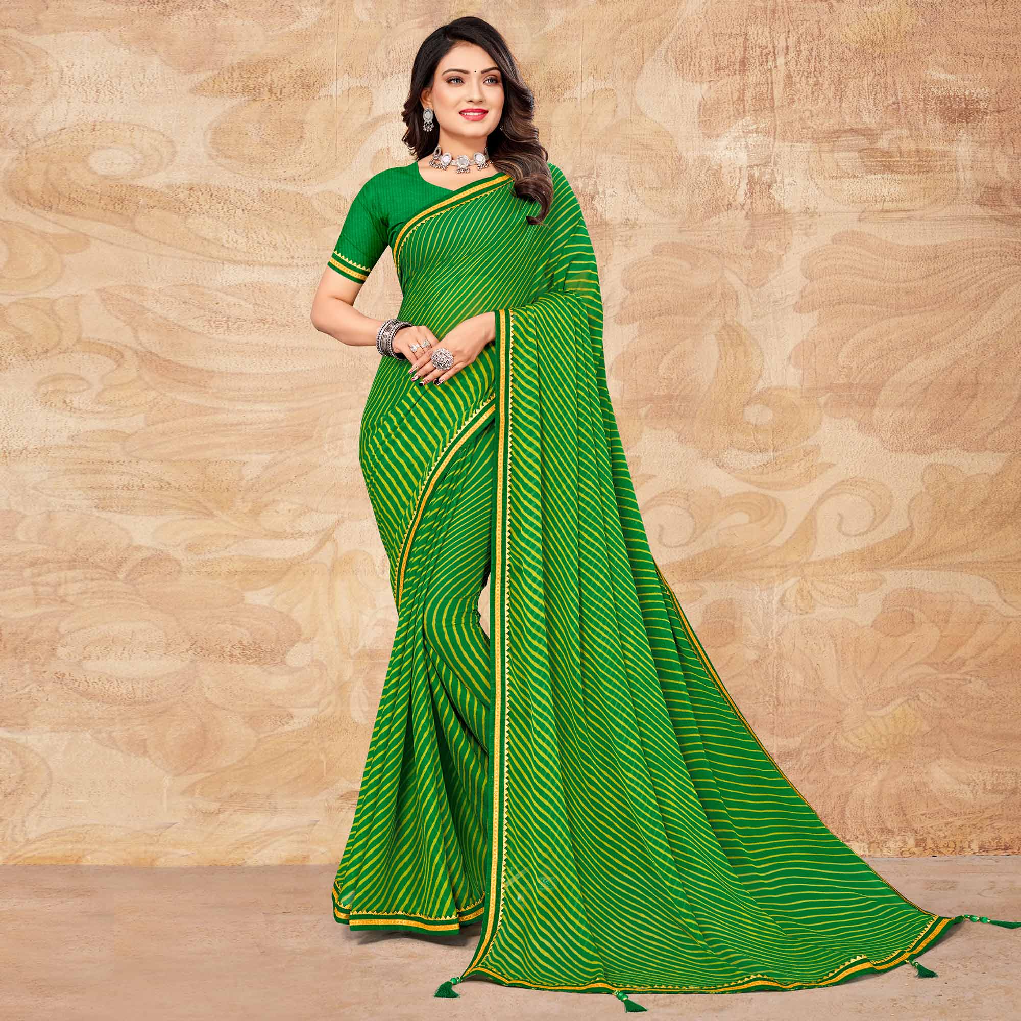 Green Digital Striped Printed Chiffon Saree With Tassels