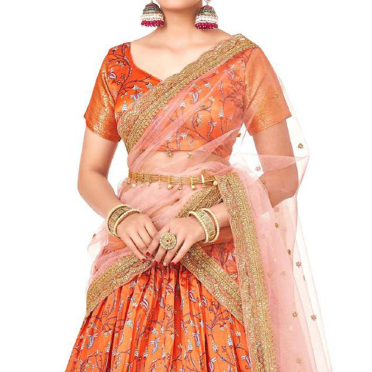 Orange Digital Printed With Zari Work Art Silk Lehenga Choli