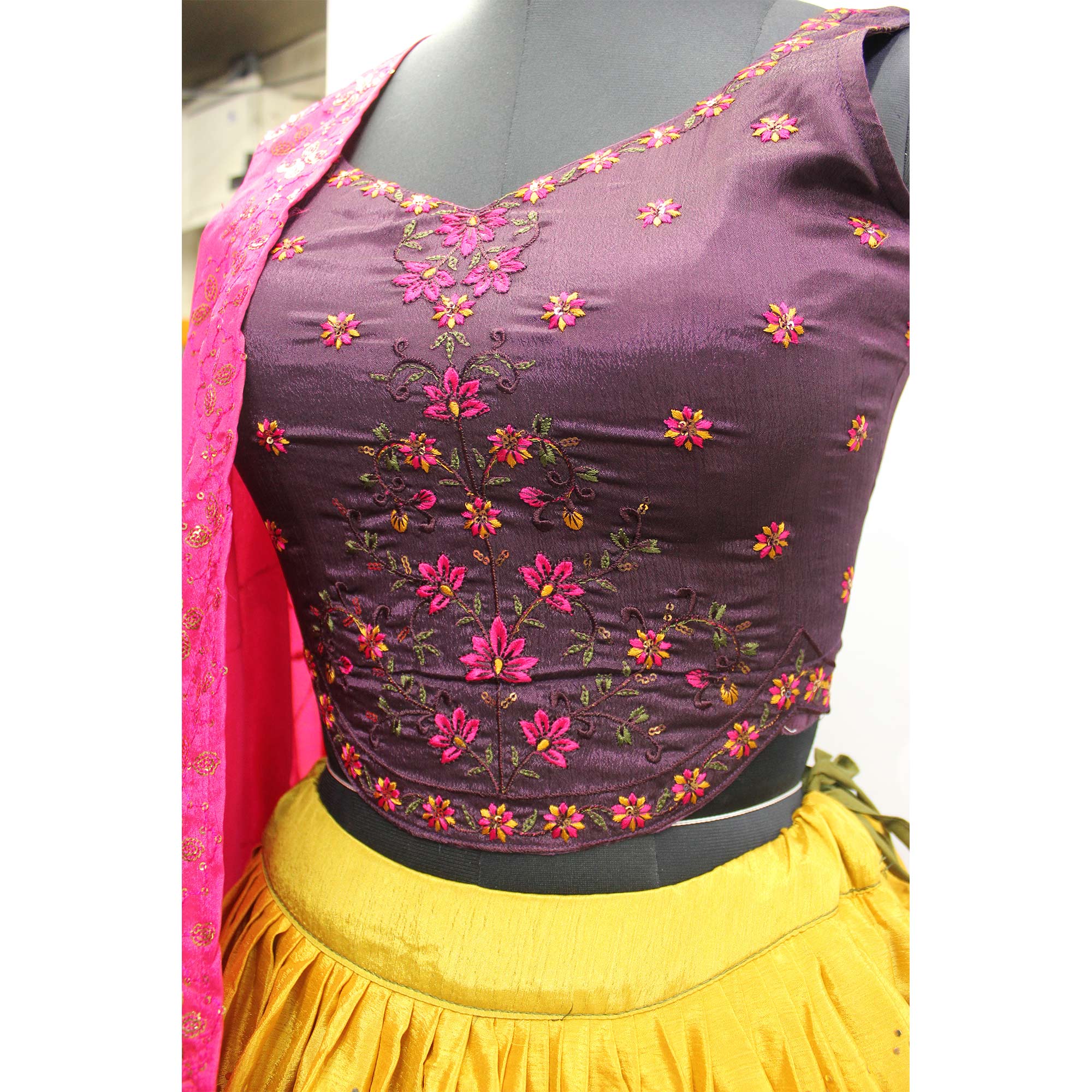 Mustard & Olive Green Embellished Mirror Work Georgette Lehenga Choli