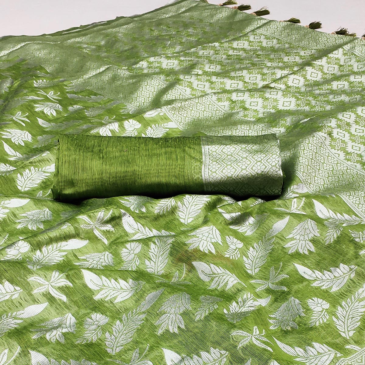 Green Woven Cotton Silk Saree With Tassels