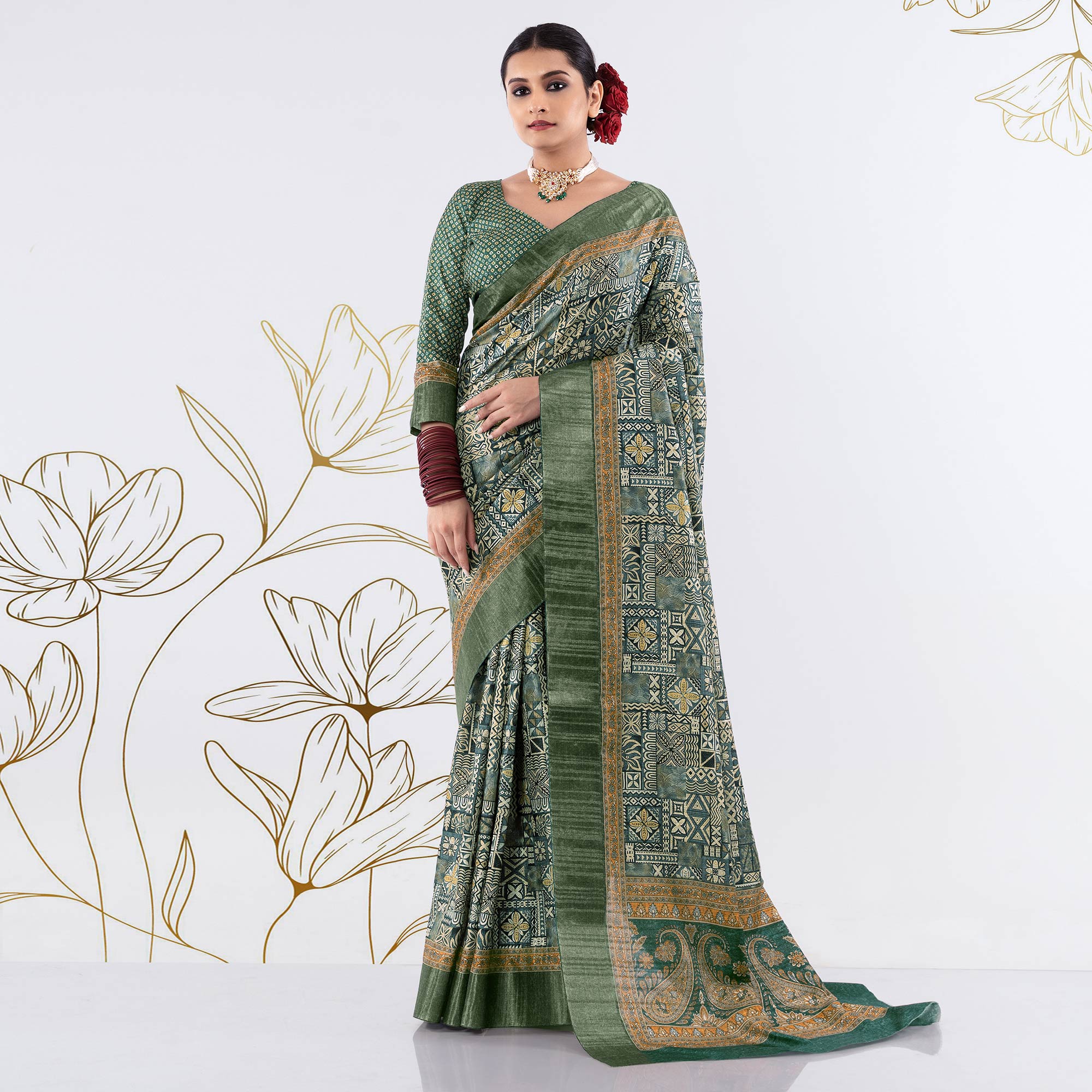 Green Printed Art Silk Saree