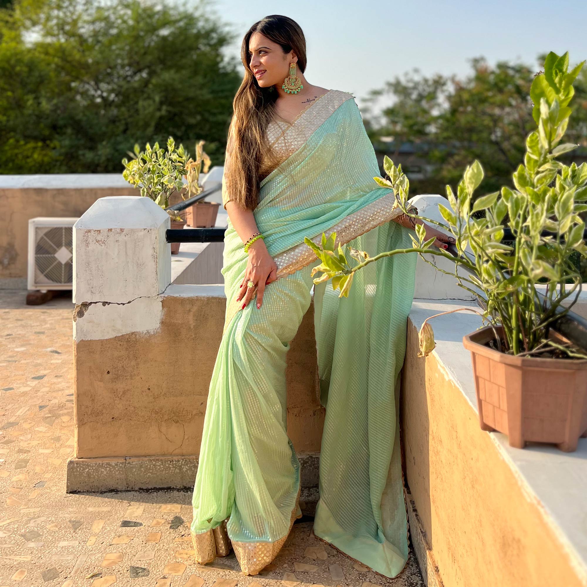 Pista Green Sequins Embroidered Georgette Saree