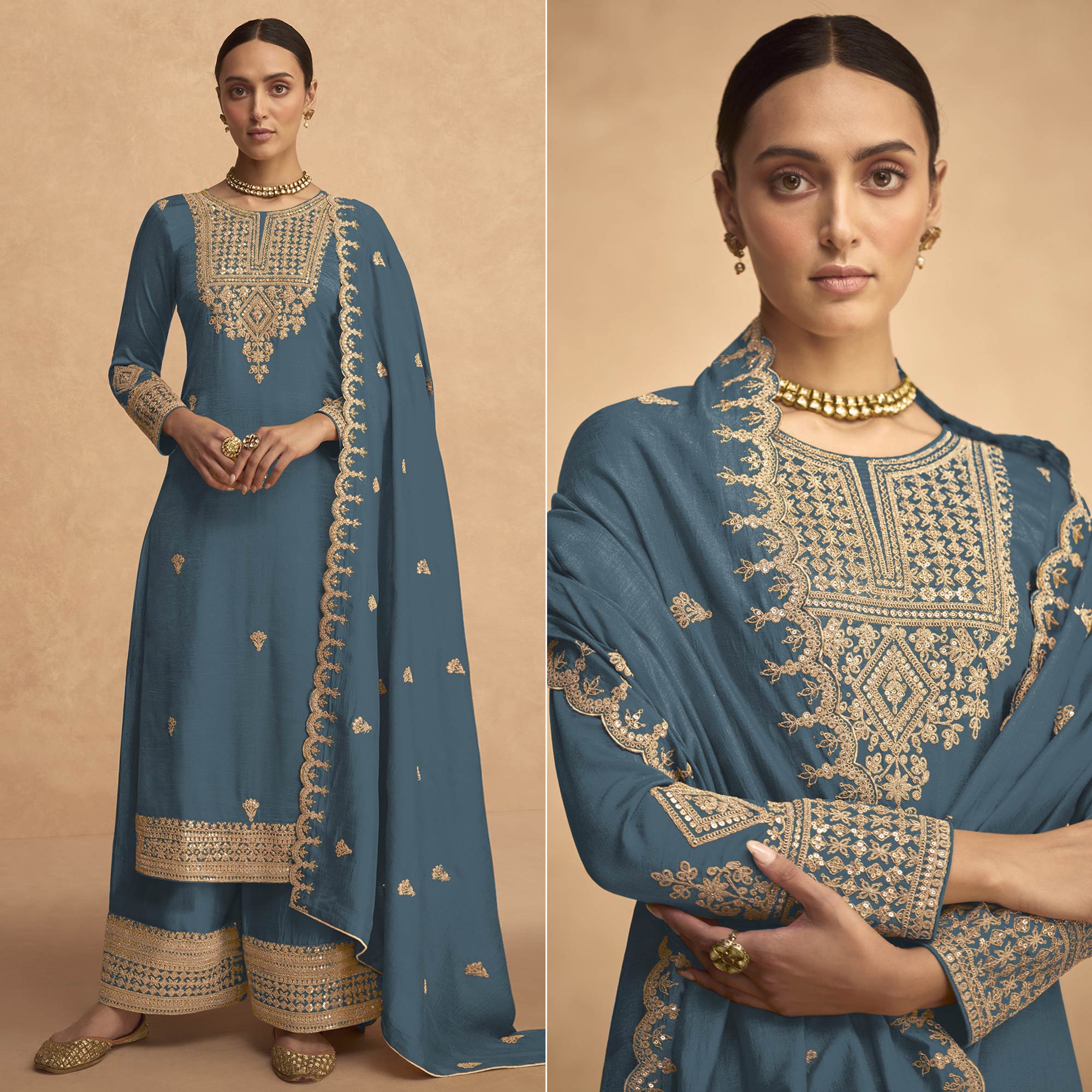 Stone Blue Sequins Embroidered Georgette Palazzo Suit