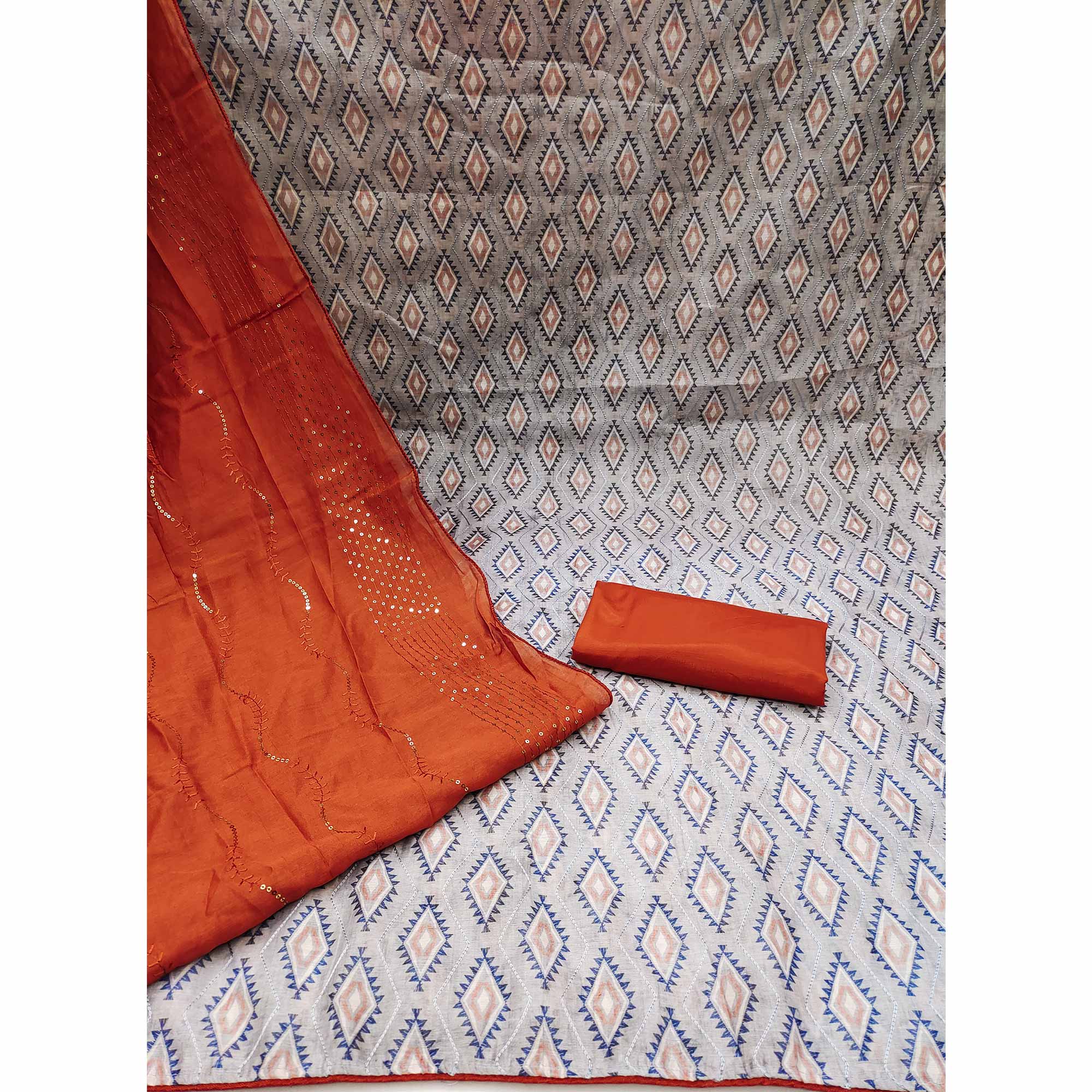 Grey Digital Printed With Embroidered Chanderi Dress Material