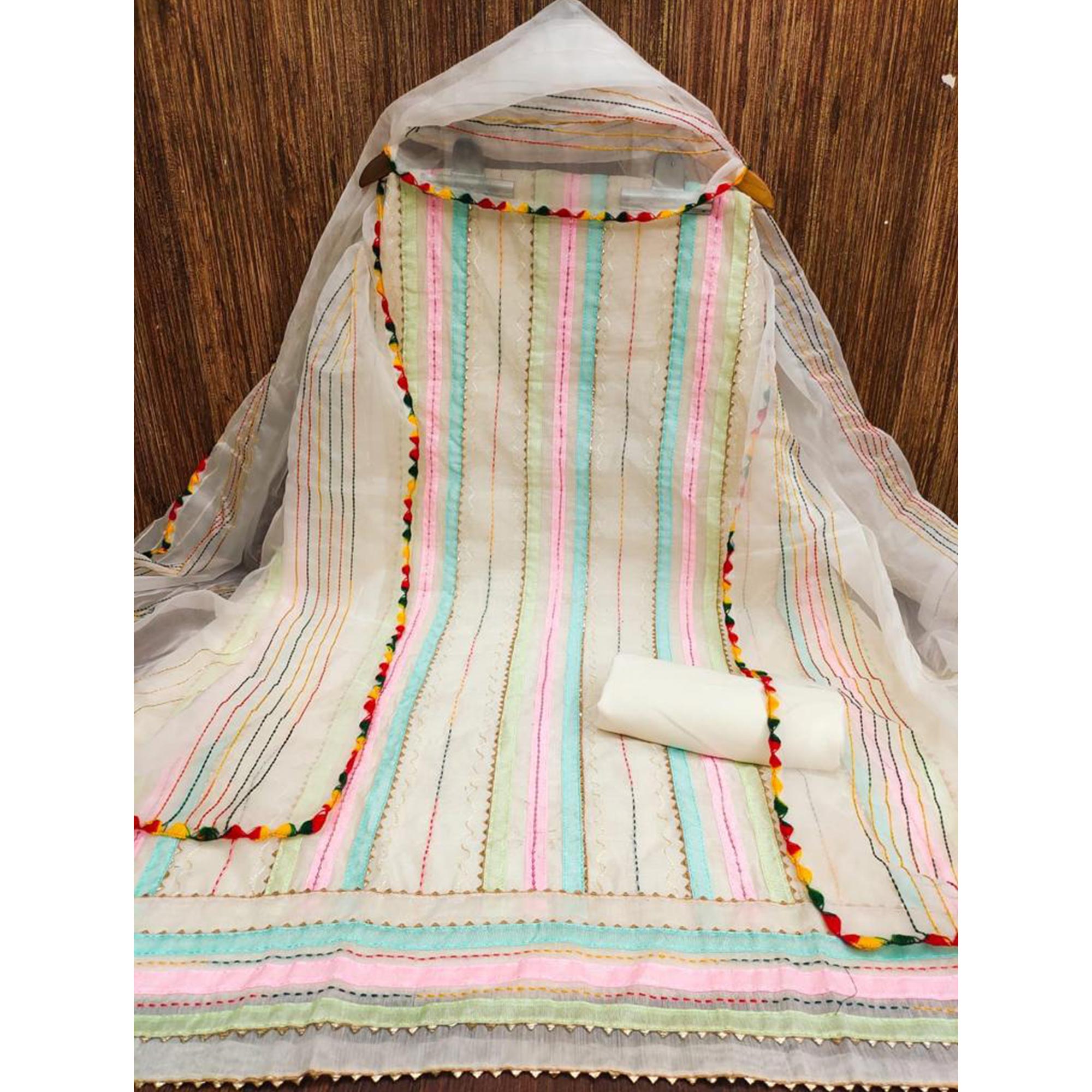 Off White Sequins Embroidered Chanderi Dress Material