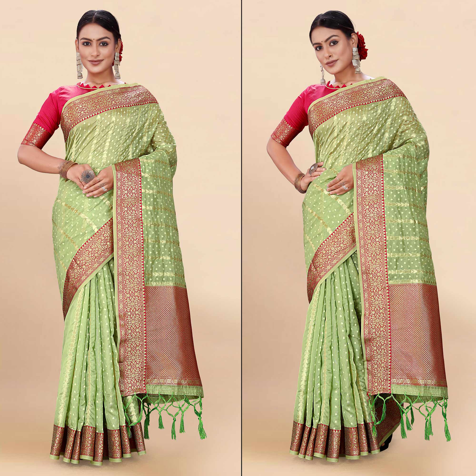 Green Woven Organza Saree With Tassels