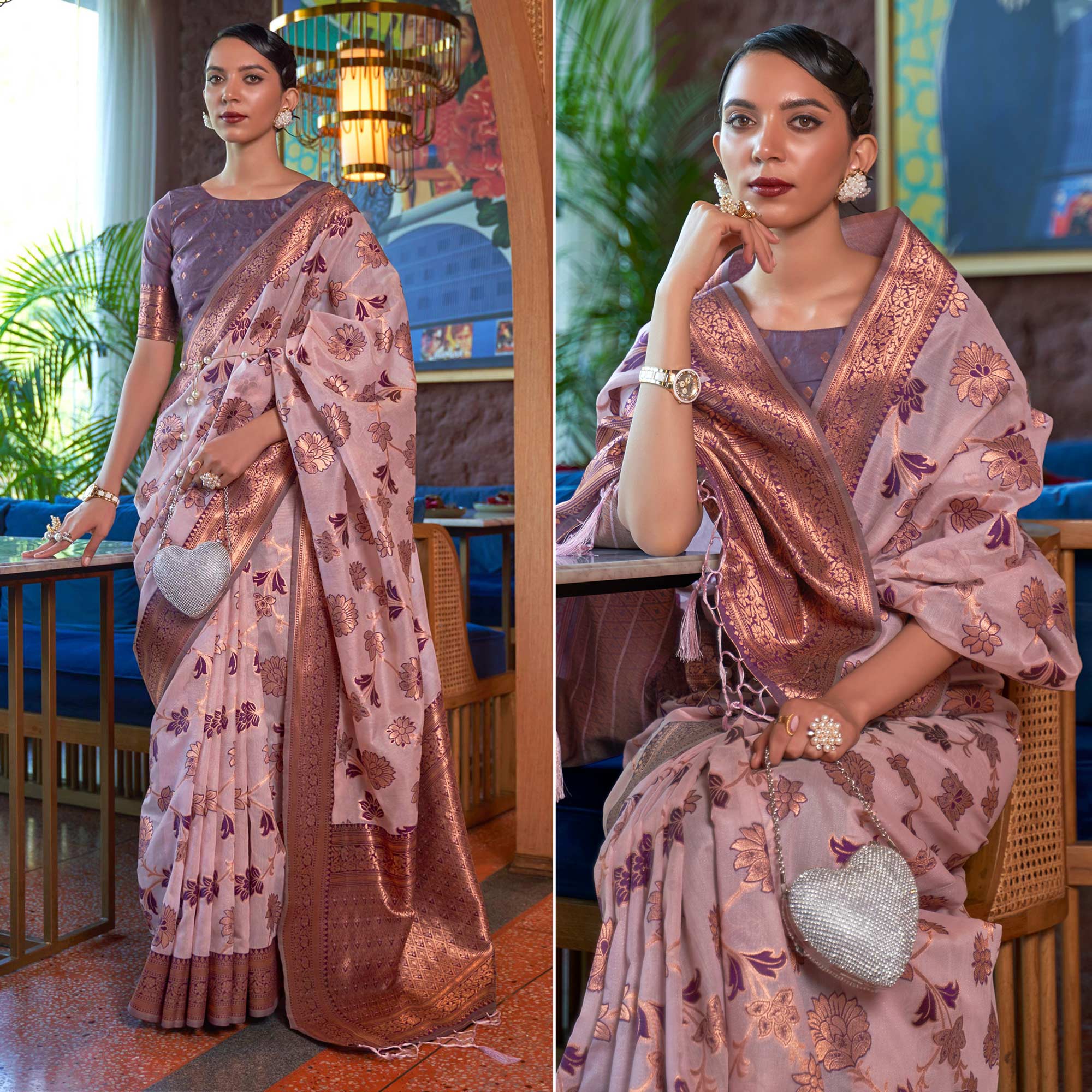 Pink Woven Organza Saree With Tassels
