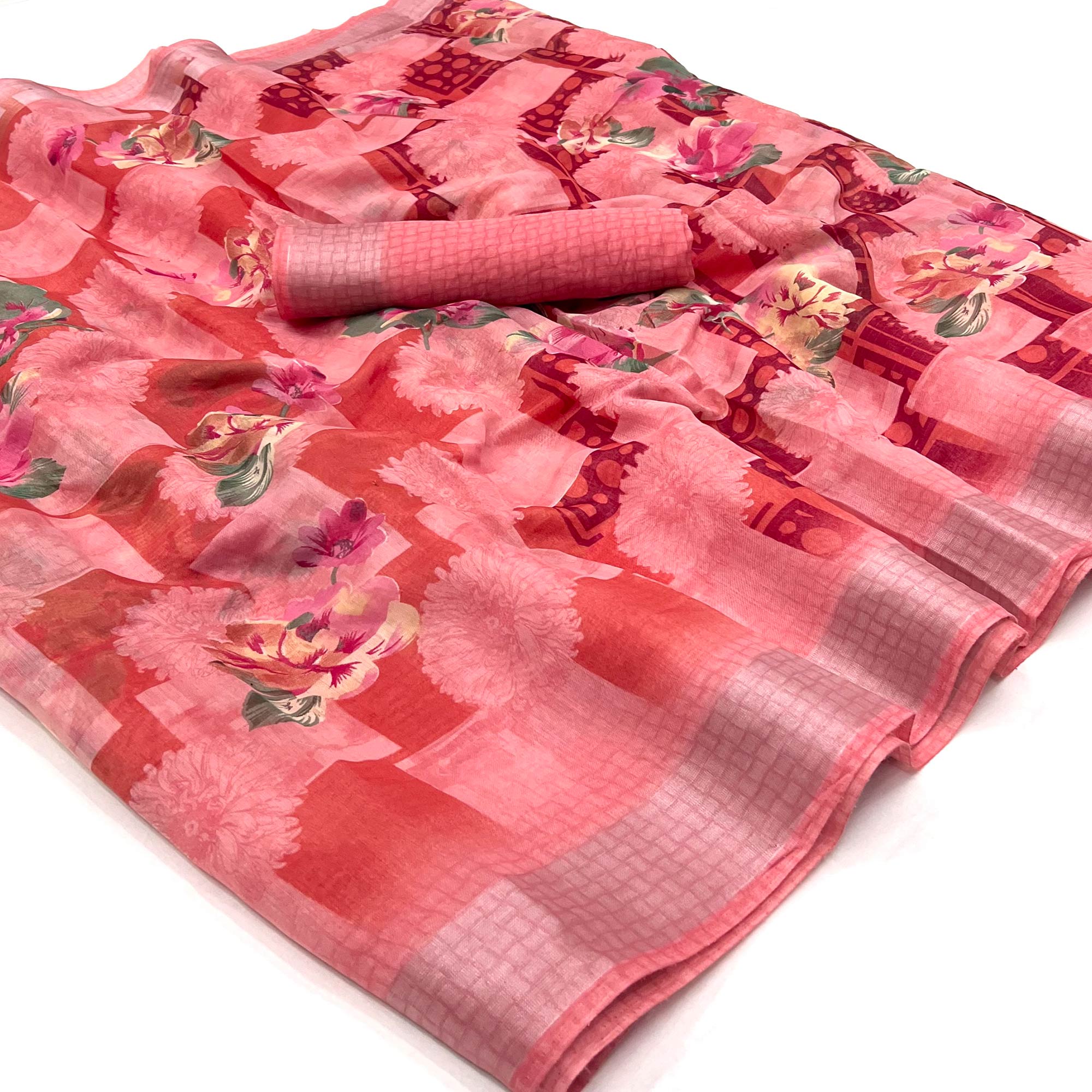 Pink Floral Printed Linen Saree