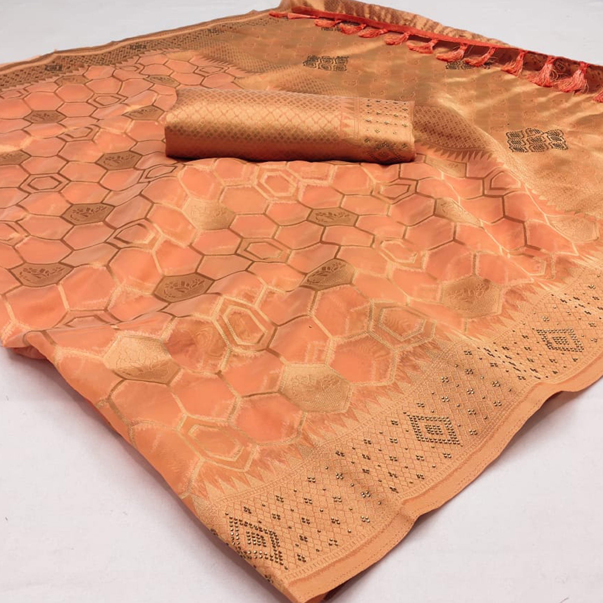 Peach Woven Art Silk Saree With Tassels