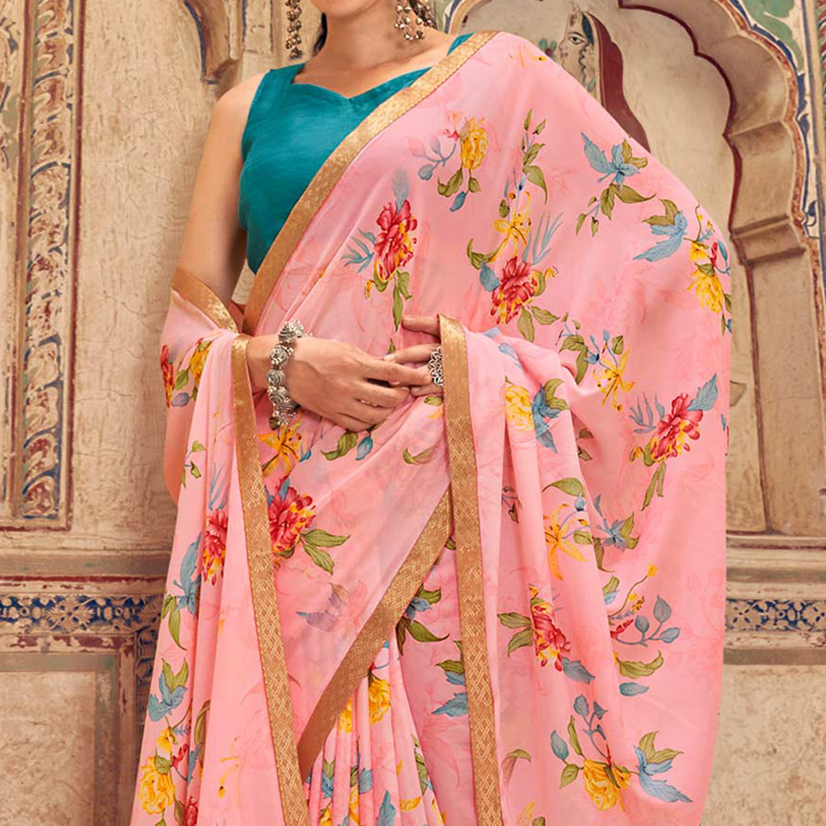 Pink Floral Printed Chiffon Saree