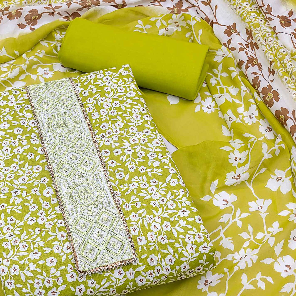 Green Floral Printed Pure Cotton Dress Material