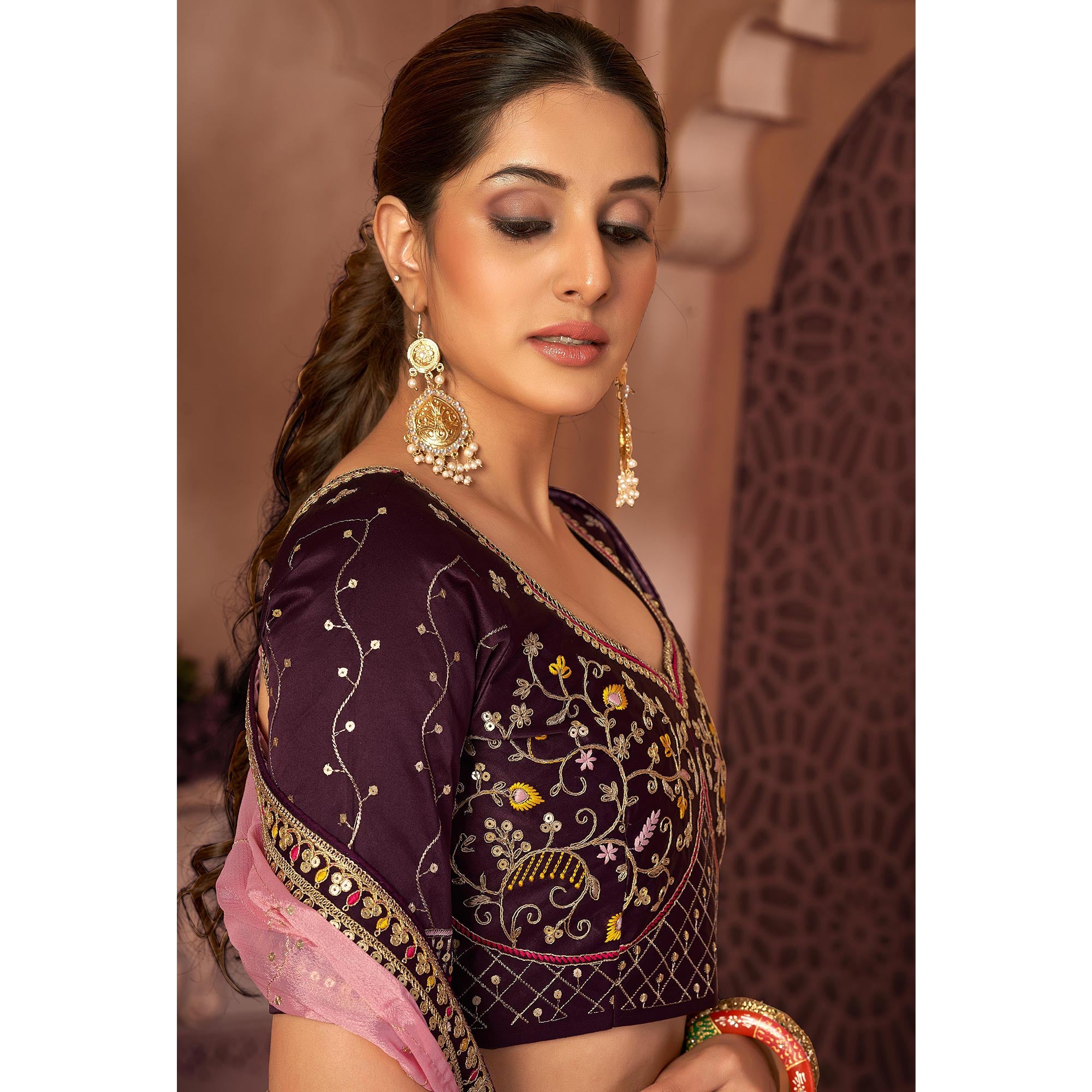 Wine & Pink Sequins Embroidered Chiffon Lehenga Choli