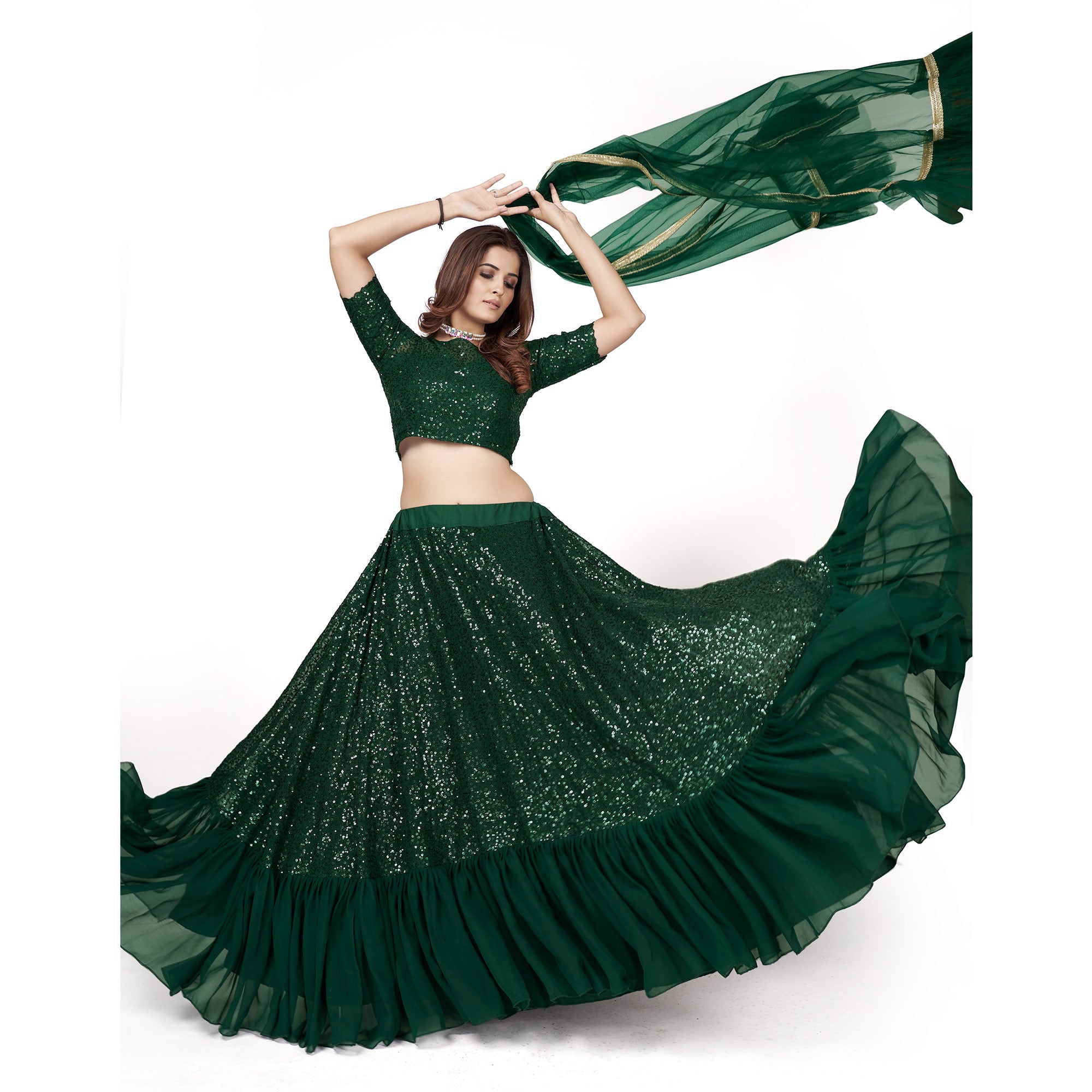 Dark Green Sequins Embroidered Georgette Lehenga Choli