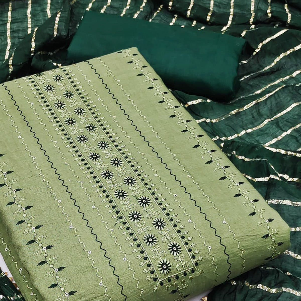 Green Sequins Embroidered Cotton Blend Dress Material