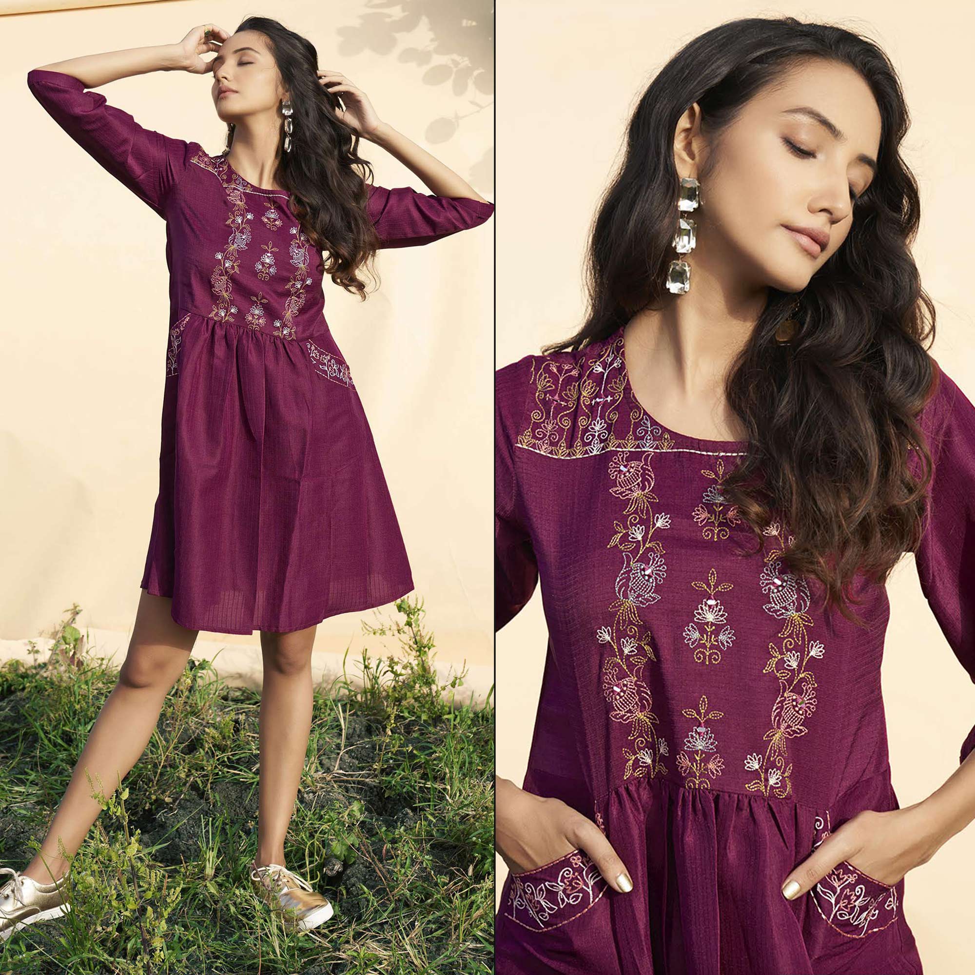 Purple Embroidered Rayon Short Dress