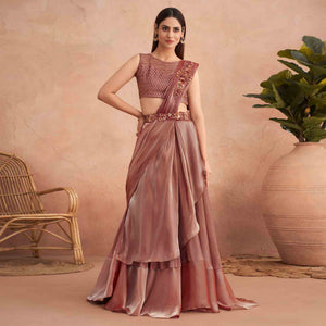 Salmon Pink Sequins Embroidered Ready to Wear Art Silk Saree