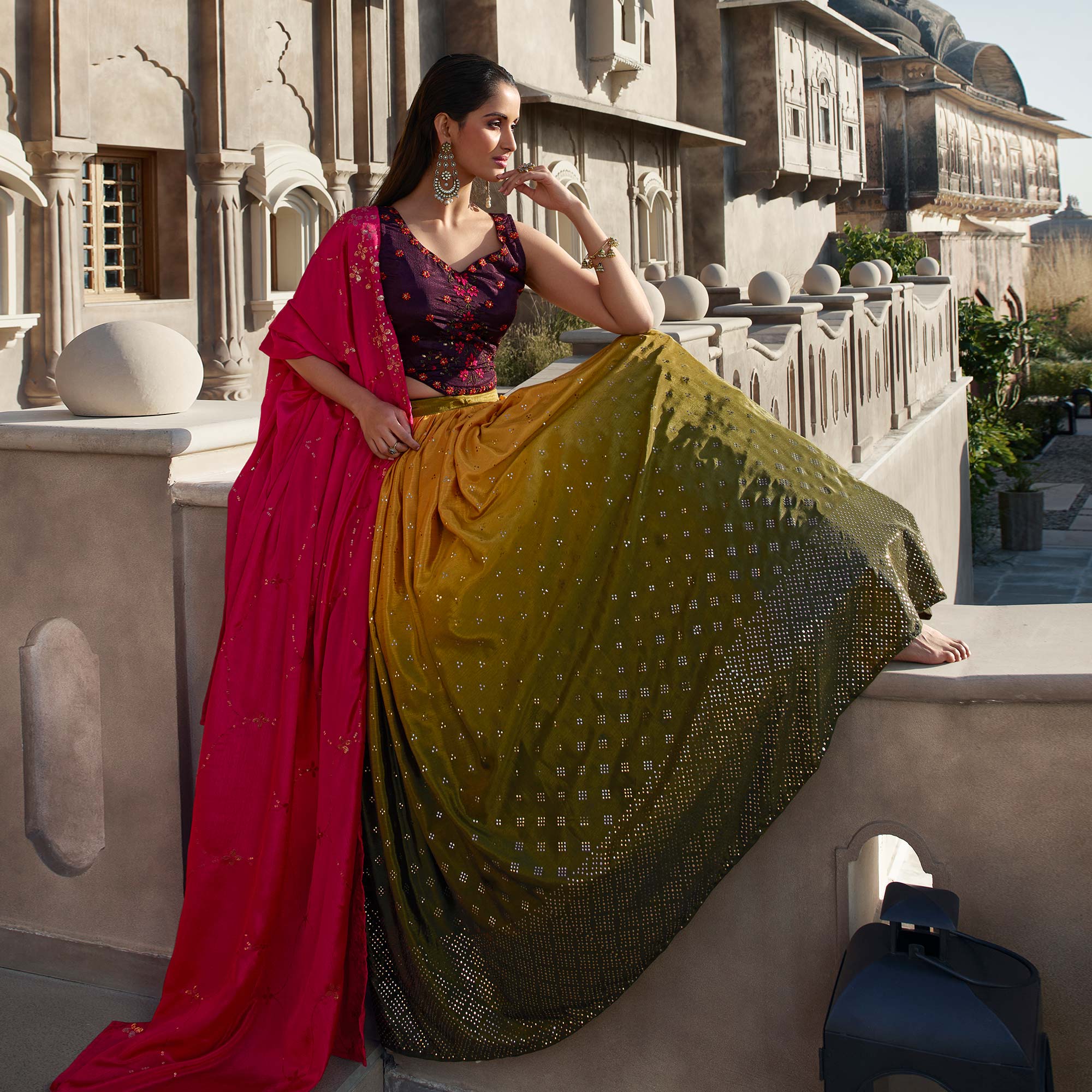 Mustard & Olive Green Embellished Mirror Work Georgette Lehenga Choli