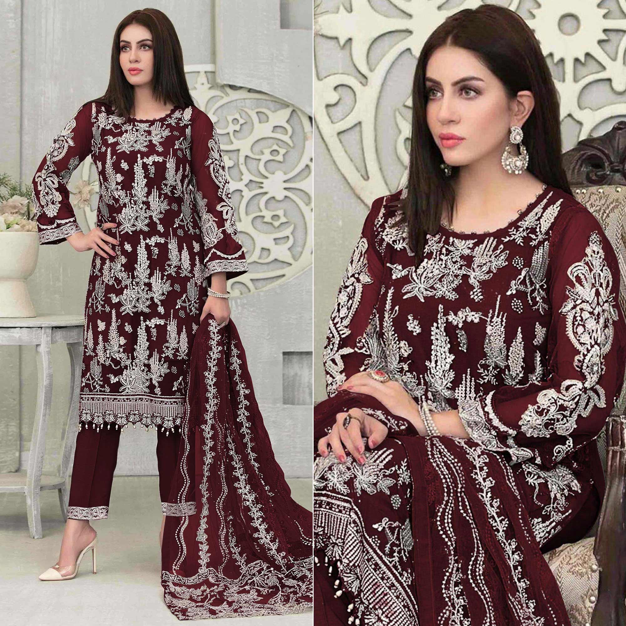 Maroon Floral Embroidered Georgette Pakistani Suit