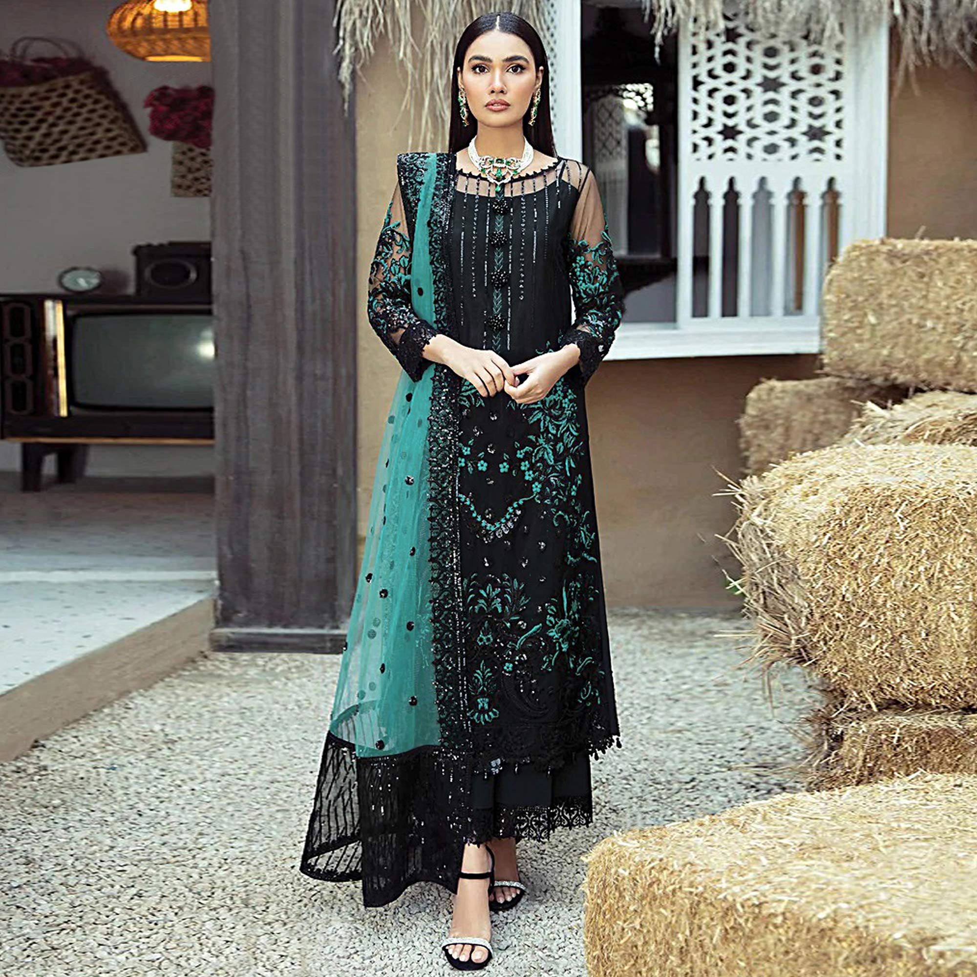 Black Floral Sequins Embroidered Georgette Pakistani Suit